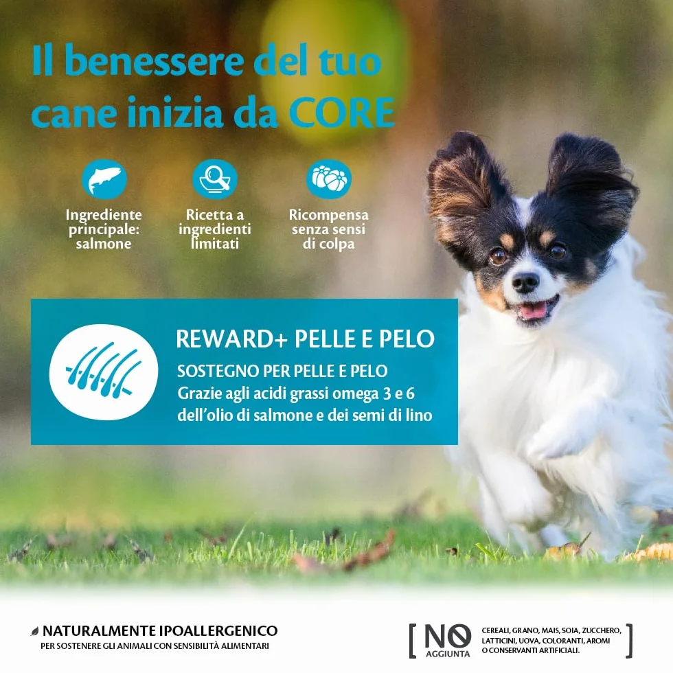 Wellness CORE Reward+ Pelle & Pelo 170g, Salmone – Snack Morbidi per Cani, Senza cereali, Naturale, Ipoallergenico, Ricco di Proteine, Alto Contenuto di Pesce, Pelle Sana e Pelo Lucido