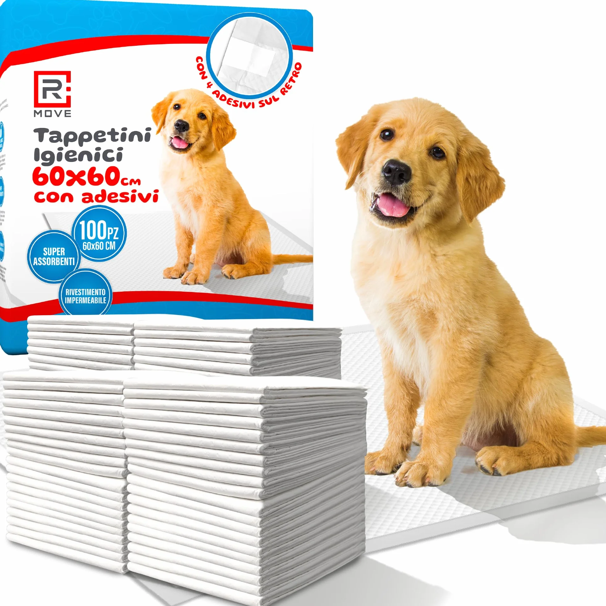 R MOVE 100 Traversine Cani 60x60 con Adesivi - Tappetini Igienici Assorbenti per Cani, Traverse Cane EXTRA Assorbenti