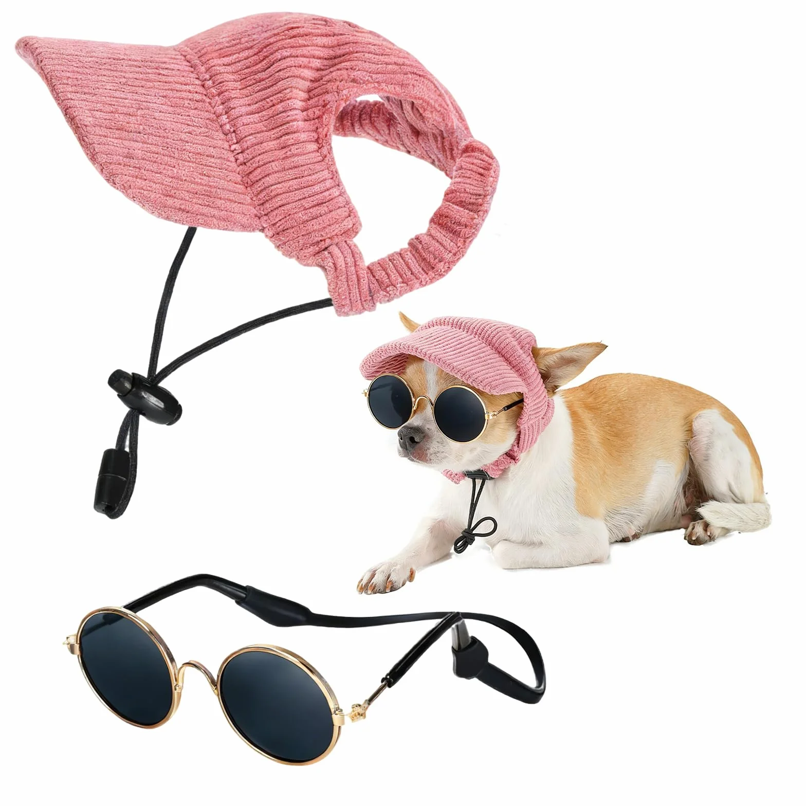 Berretto estivo con protezione solare per cani con occhiali per cani, cappello per cani, occhiali per cani di piccola taglia, costume per gatti, set di protezione UV per cuccioli e piccoli