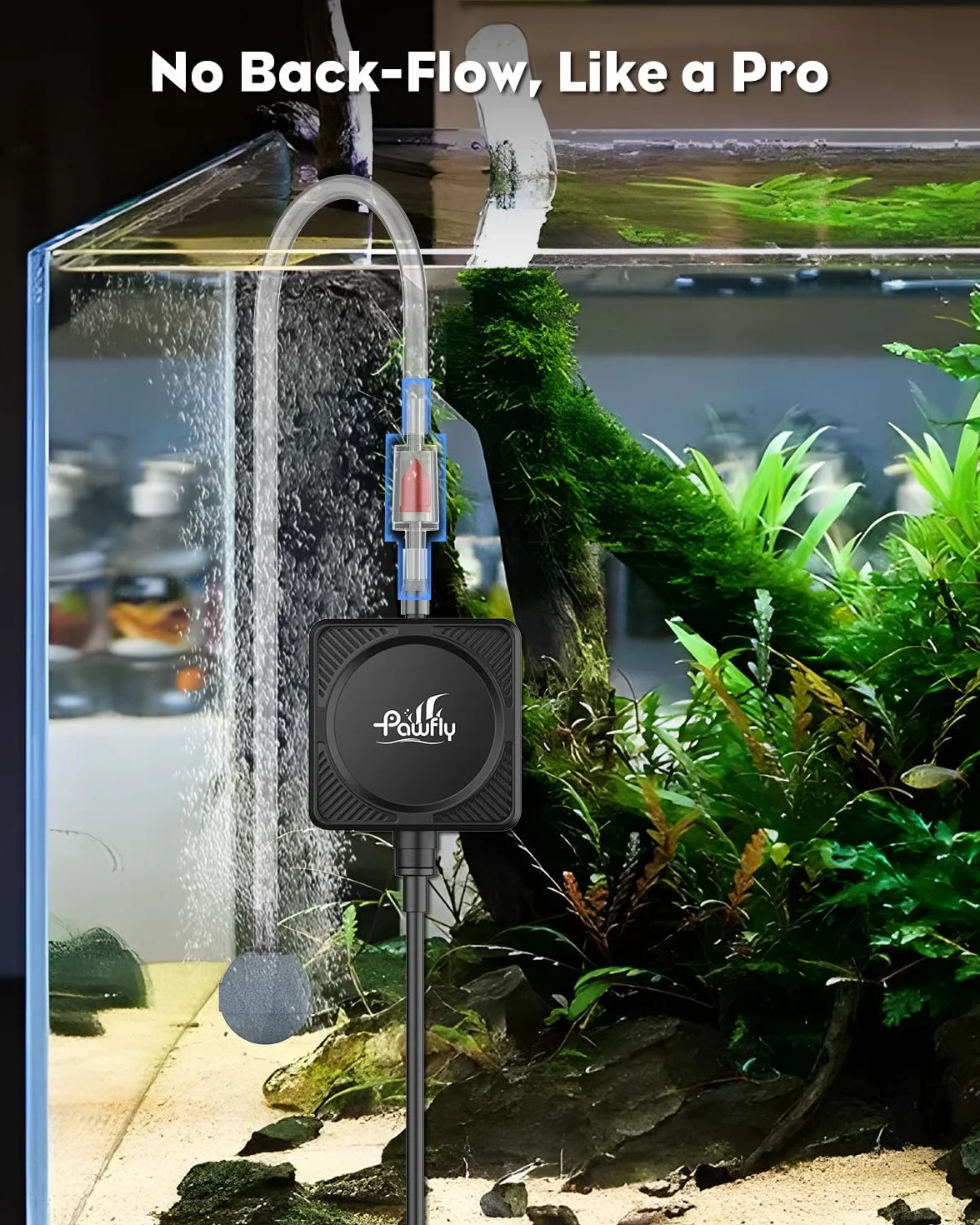 Pawfly Pompa Aria Acquario 450 mL/min 1.3 W, Ultra Silenziosa Mini Bollitore per Vasche fino a 60 L, Ossigenatore Portatile con Tubo, Pietra Porosa, Valvola di Non Ritorno