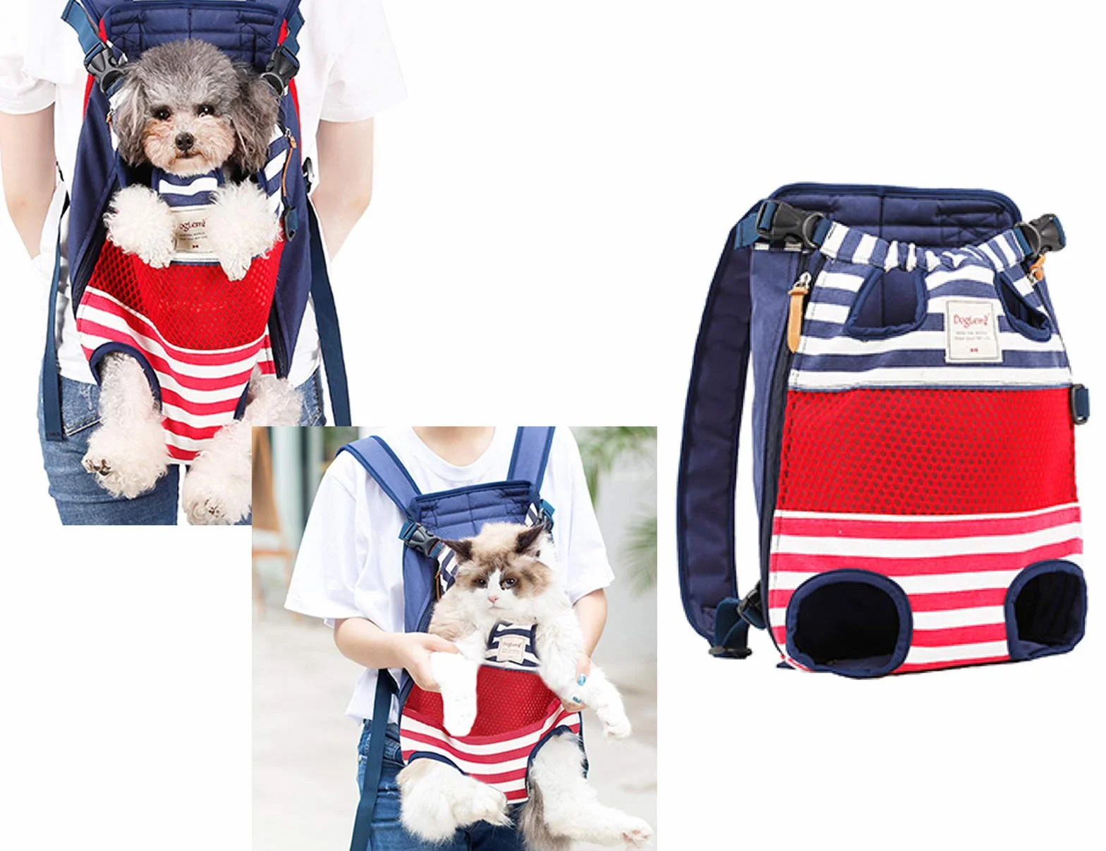 Tineer Zaino per Animali Domestici,Regolabile Dog Front Legs out Carrier Backpack Il Sacchetto di Mano Libero Viaggi,Easy-Fit per 5-12KG Piccole Medie Gatti Cani attività all'aperto (Stripe)