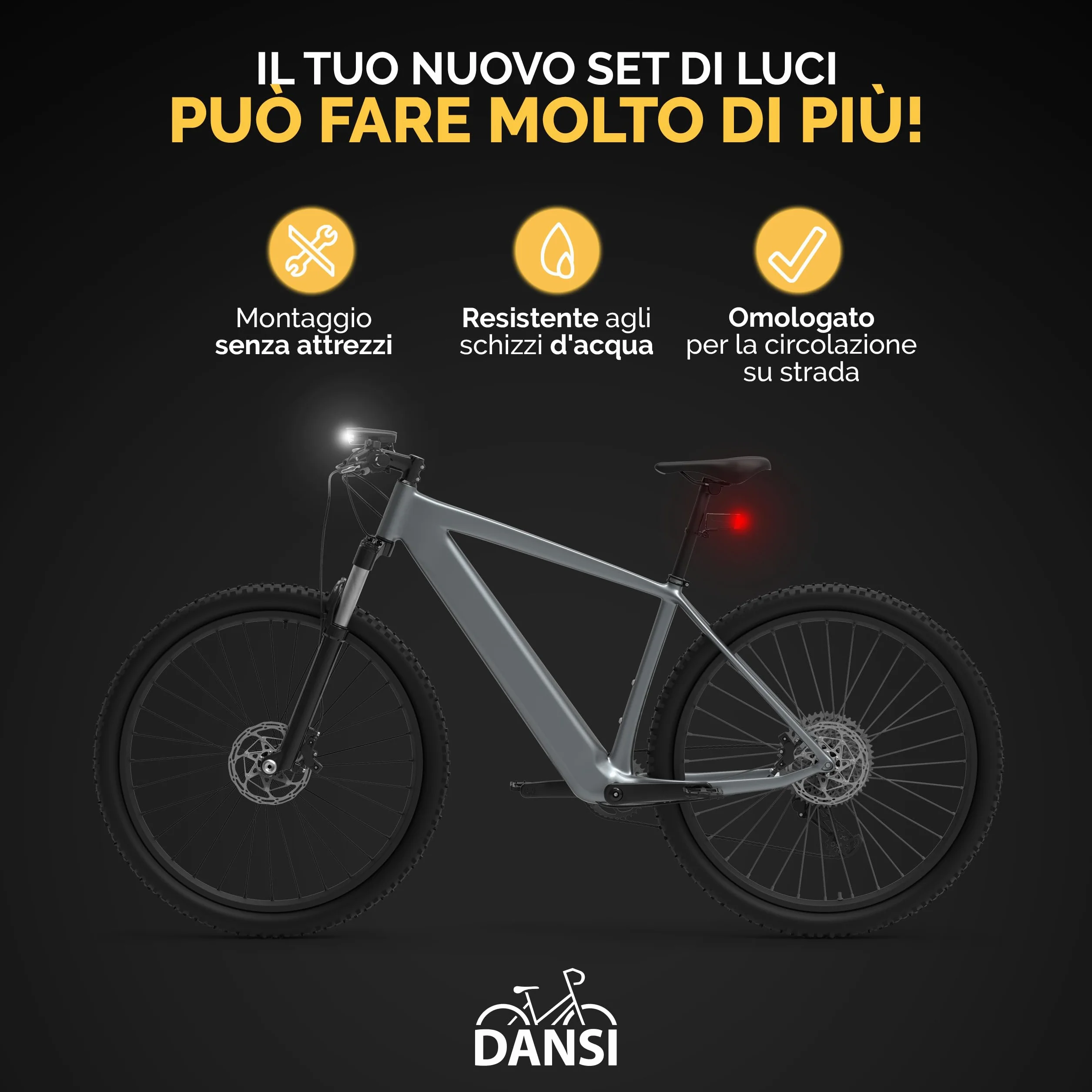 DANSI LED Light Set - Illuminazione per biciclette omologata StVZO con 60, 30 e 15 Lux | Illuminazione per biciclette a LED anteriore + posteriore | Regolazione automatica dell'illuminazione