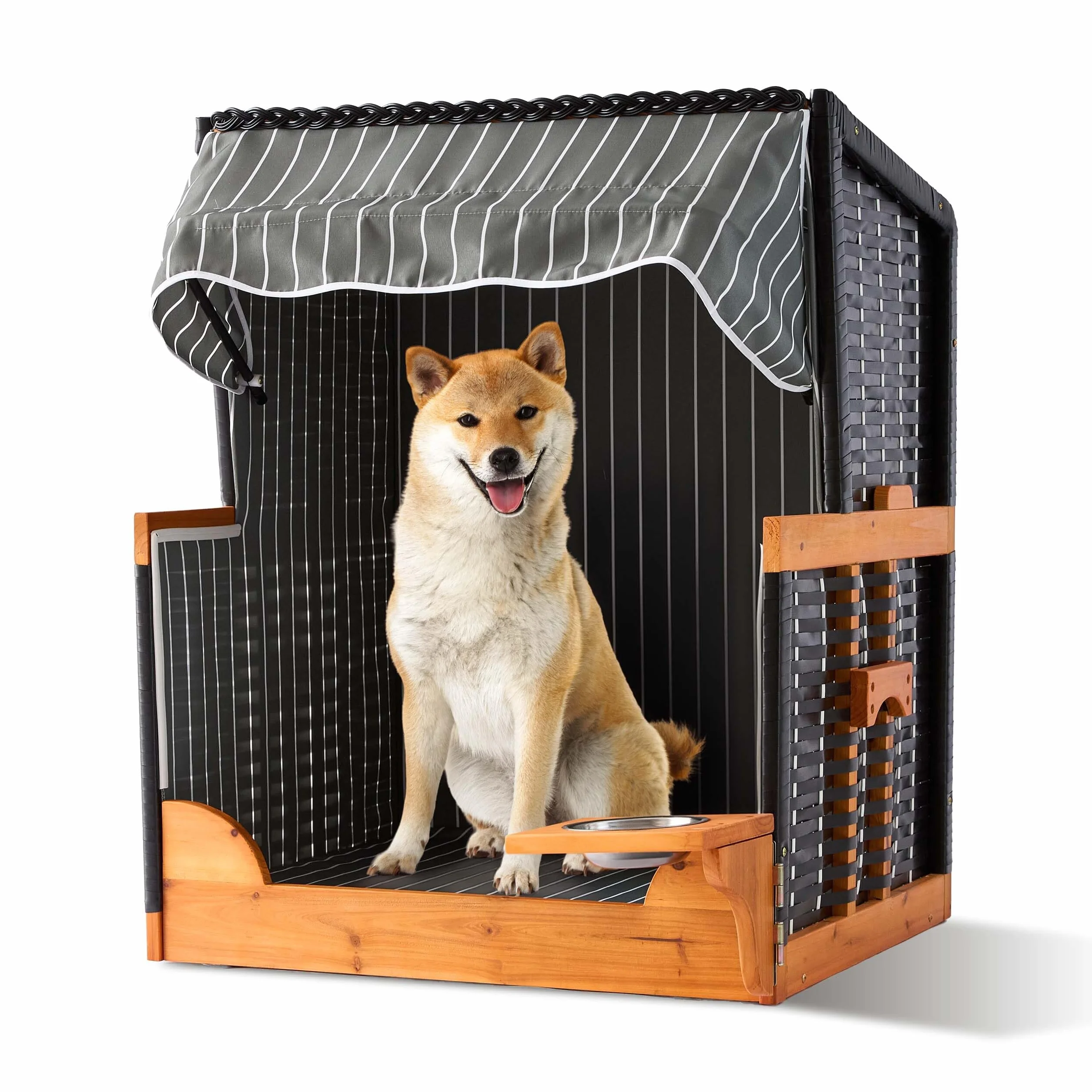 Relaxdays .ano per Cani in Rattan con Ciotola, tettuccio Parasole, 95x75x65 cm, Giardino/terrazza, Grigio