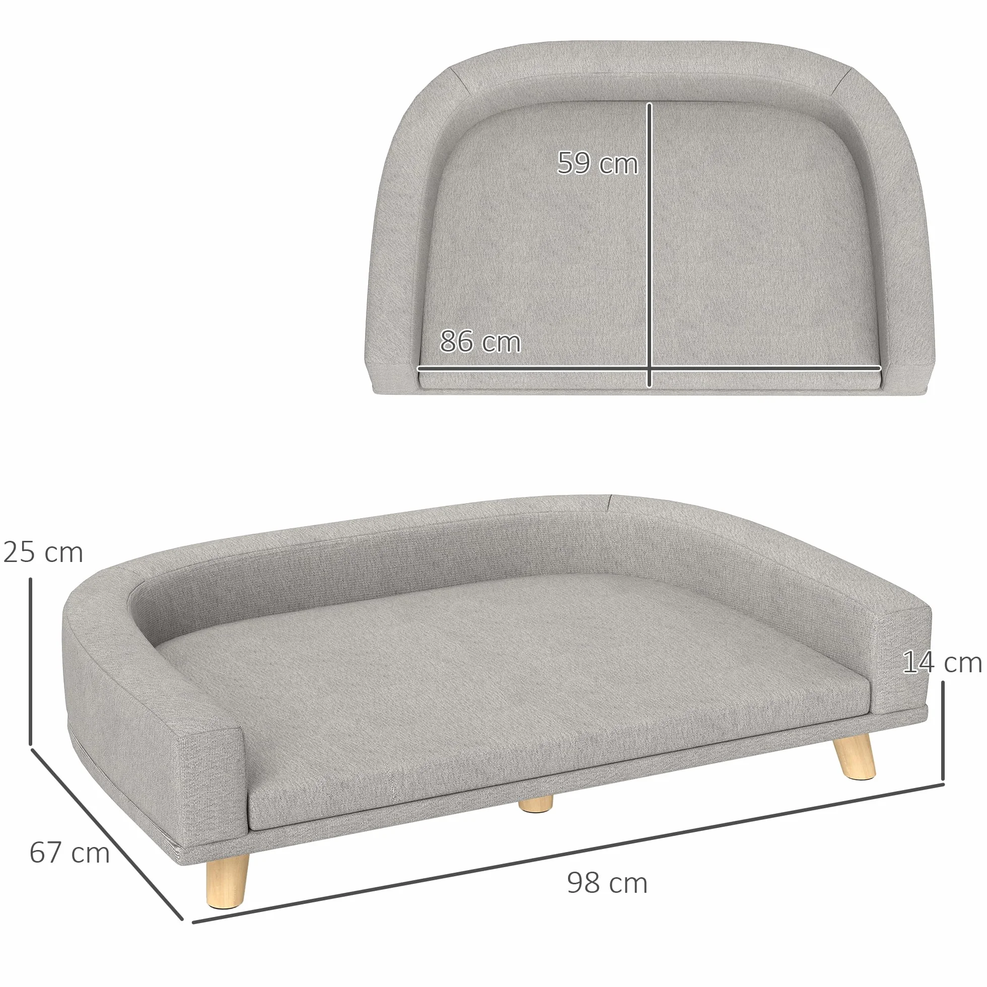 PawHut Divano per Cani di Taglia Grande con Gambe Rialzate e Cuscino Sfoderabile, Divanetto per Cani in Poliestere e Legno, 98x67x25 cm, Grigio