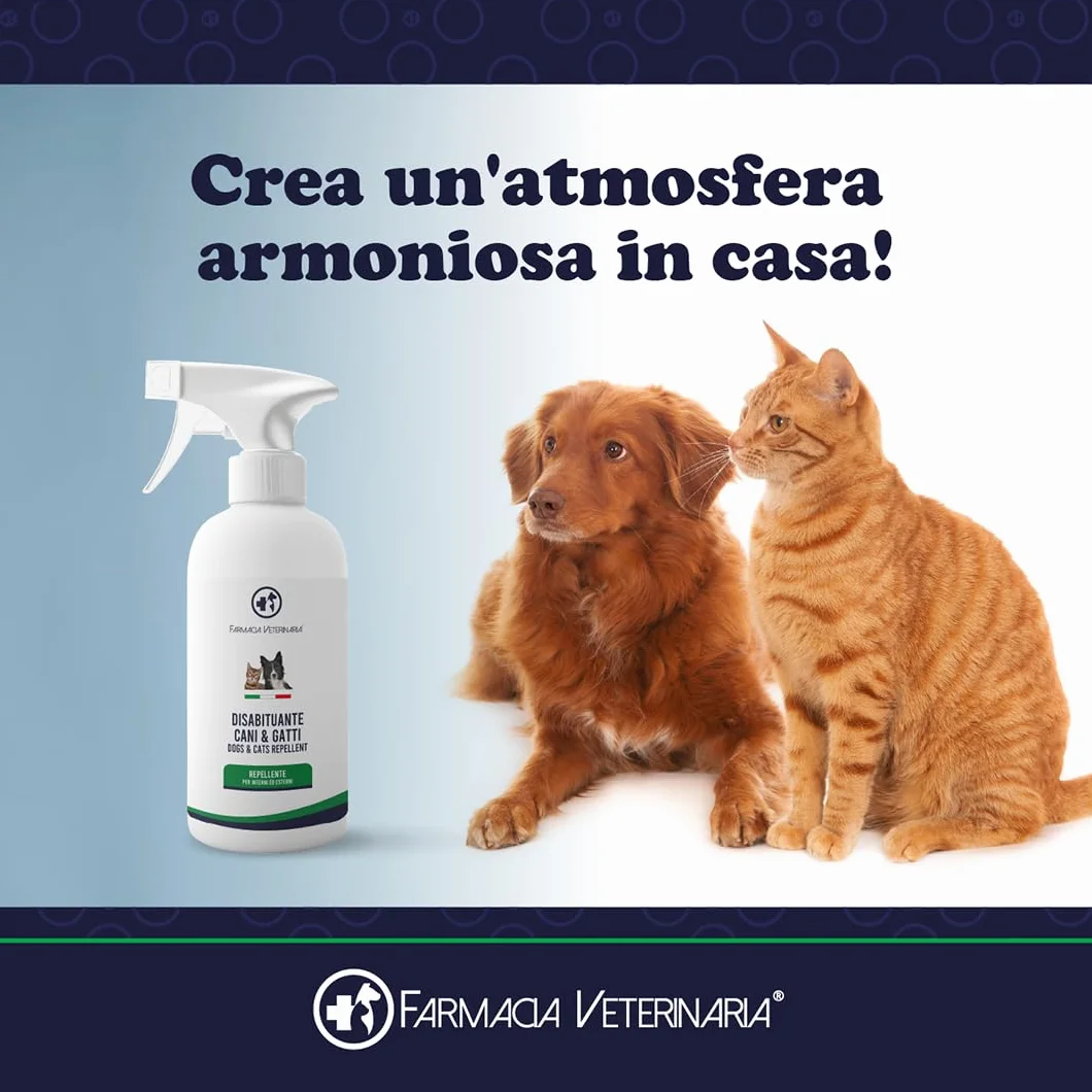 Farmacia Veterinaria - Disabituante Repellente per Gatti e Cani - Spray Anti Pipi Dissuasore Elimina Odori - Divano Mobili Tessuti Interno Esterno 500ml