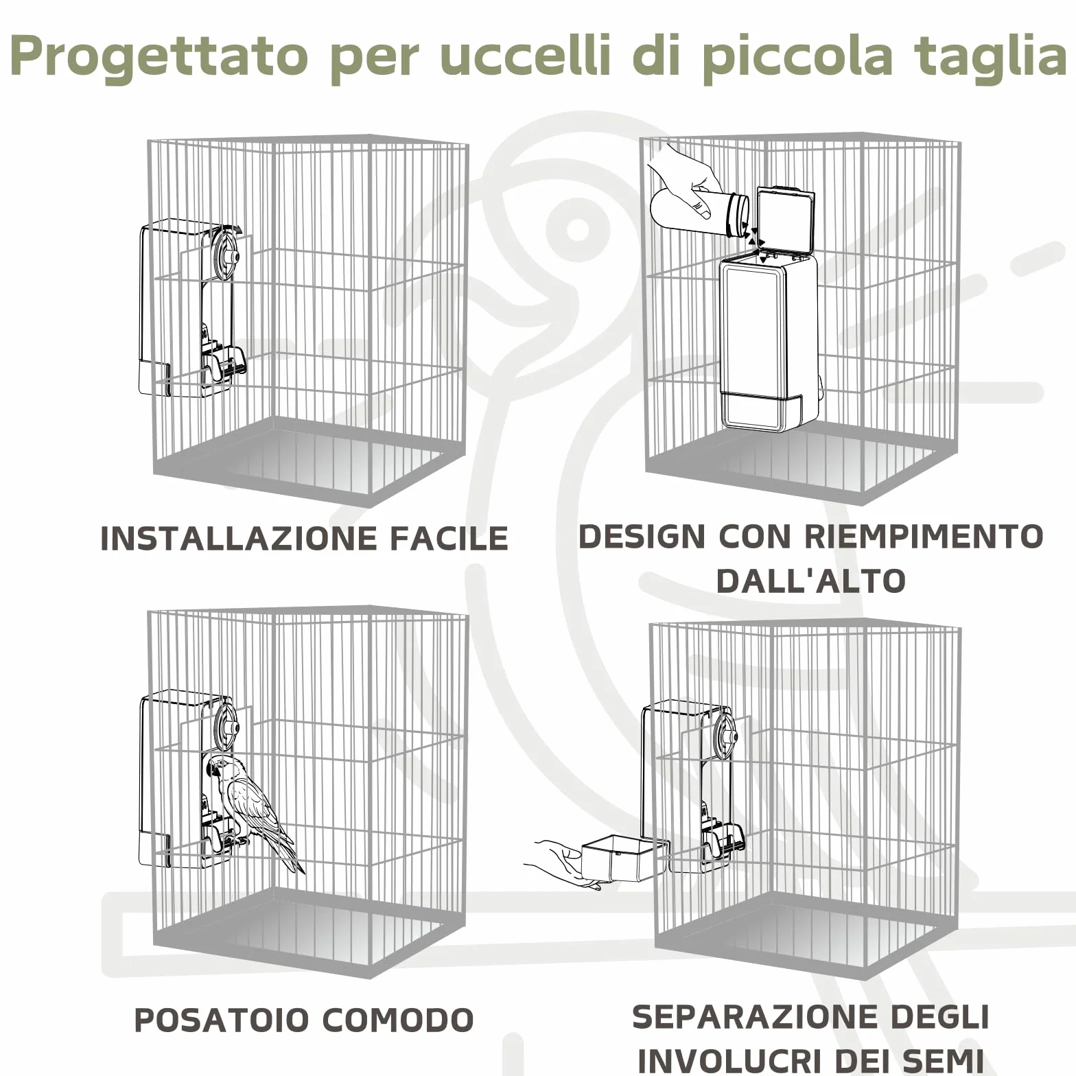 Mangiatoia automatica per uccelli, mangiatoia per gabbia per uccelli con trespolo per parrocchetto canarino calopsitta fringuello (Verde)