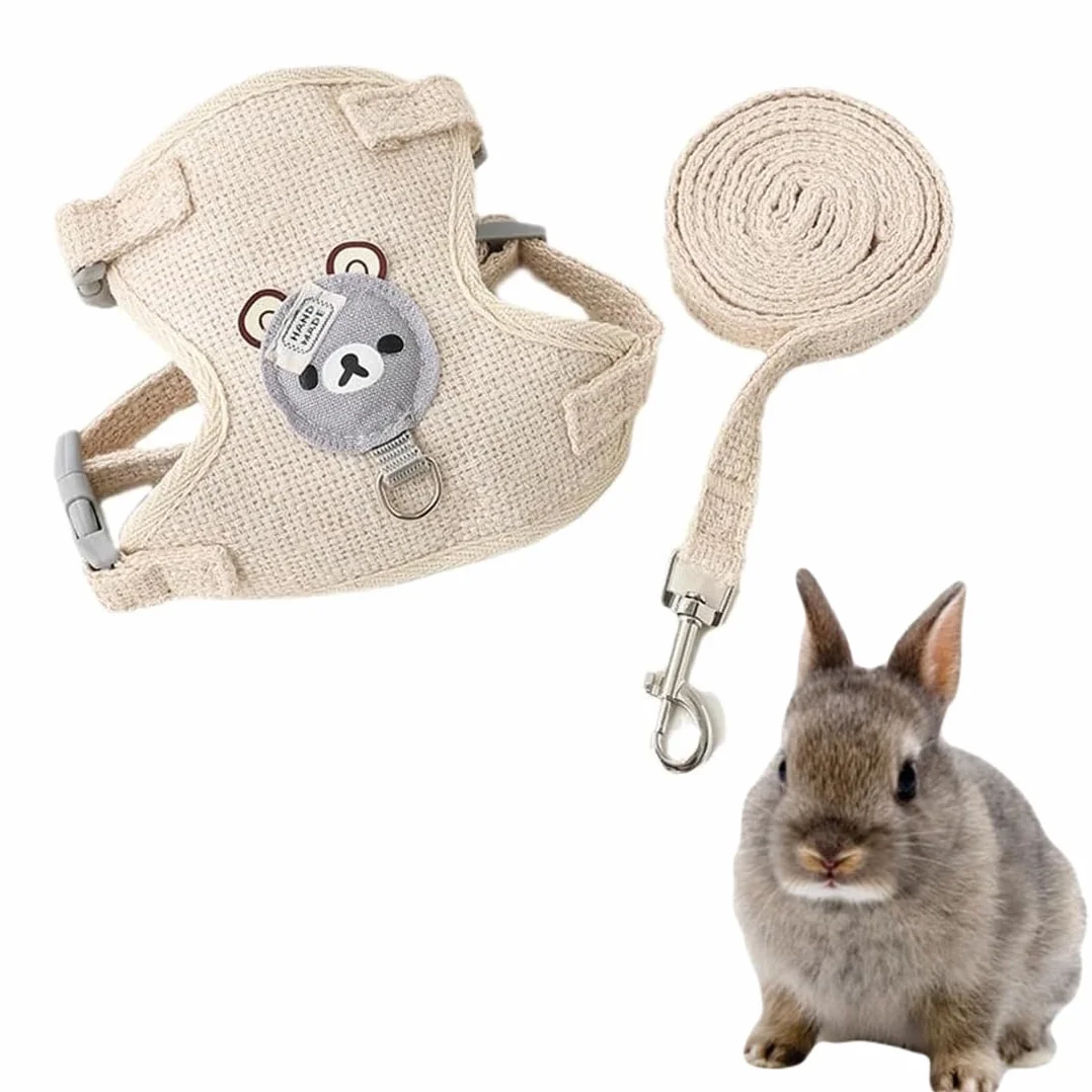 NJCXOLA Guinzaglio Per Coniglio Nano, Accessori Conigli, Imbracature, Stoviglie Con Guinzaglio, Pettorina Regolabile, per Piccoli Animali(Beige, S)