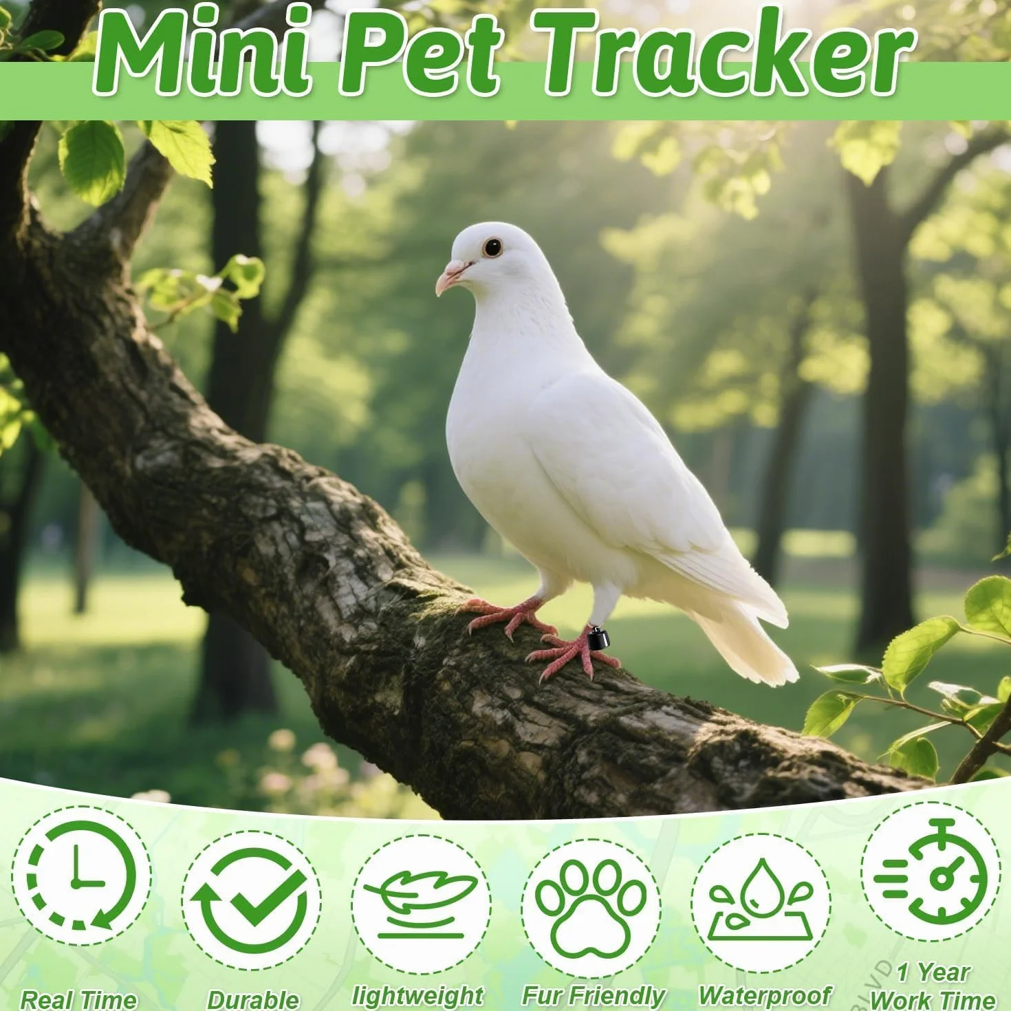 Collare GPS per Gatto Senza Abbonamento, Localizzatore GPS per Gatti con Tracciamento in Tempo Reale, Compatibile iOS/Android, Impermeabile, Batteria a Lunga Durata per Gatti e Gattini (Verde)