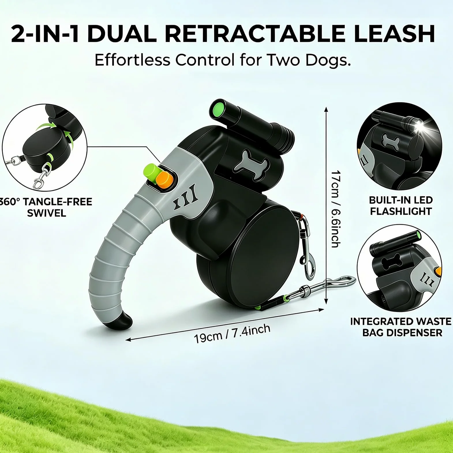 Guinzaglio retrattile per cani, doppio guinzaglio retrattile, guinzaglio automatico retrattile, doppio guinzaglio per cani di taglia media e piccola