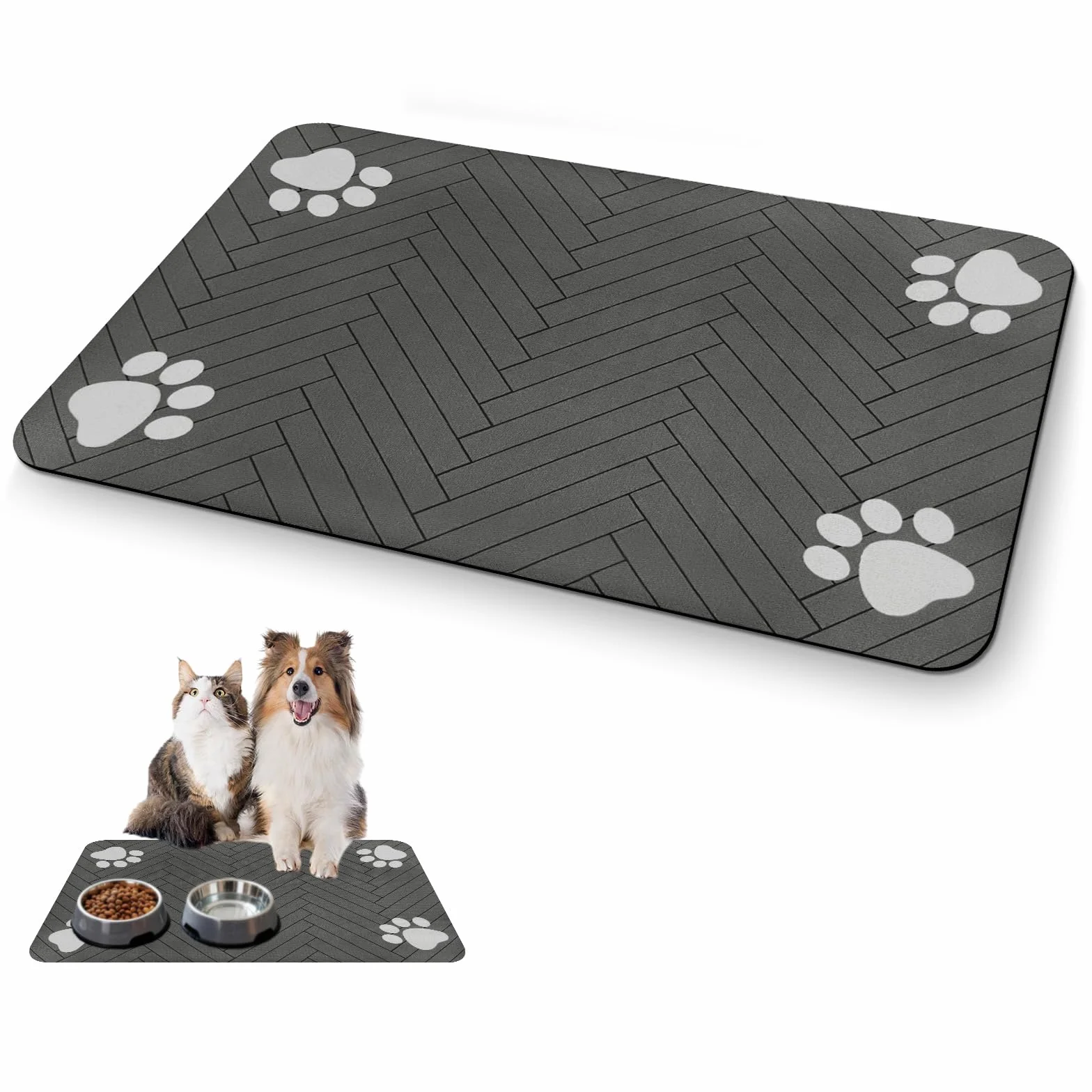 Tappetino Assorbente per Cani e Gatti, Tappetini di Alimentazione, Antiscivolo e Lavabile, Asciugatura Rapida in Diatomea, Tovaglietta per Ciotole di Animali Domestici, Grigio Scuro, 30 x 50 cm