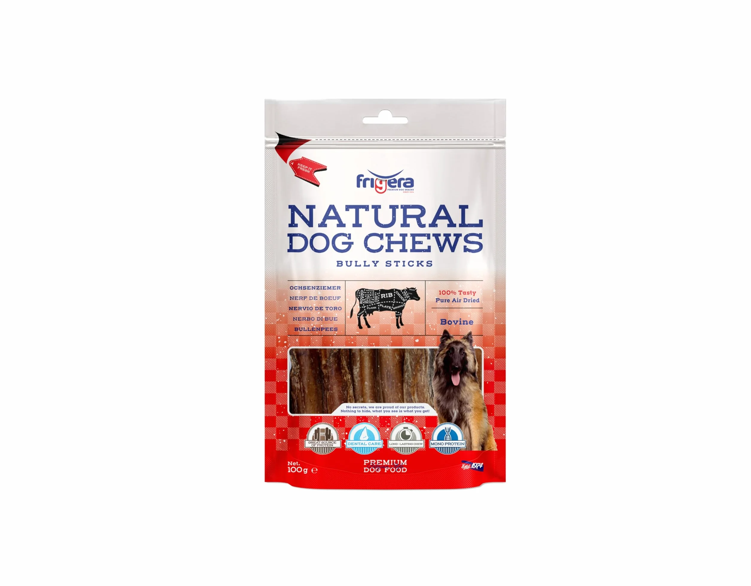 Frigera Cucciolo di bue, 12 cm, 100 g, naturale e ricco di proteine, per cani, senza glutine e cereali, snack per cani di alta qualità senza additivi
