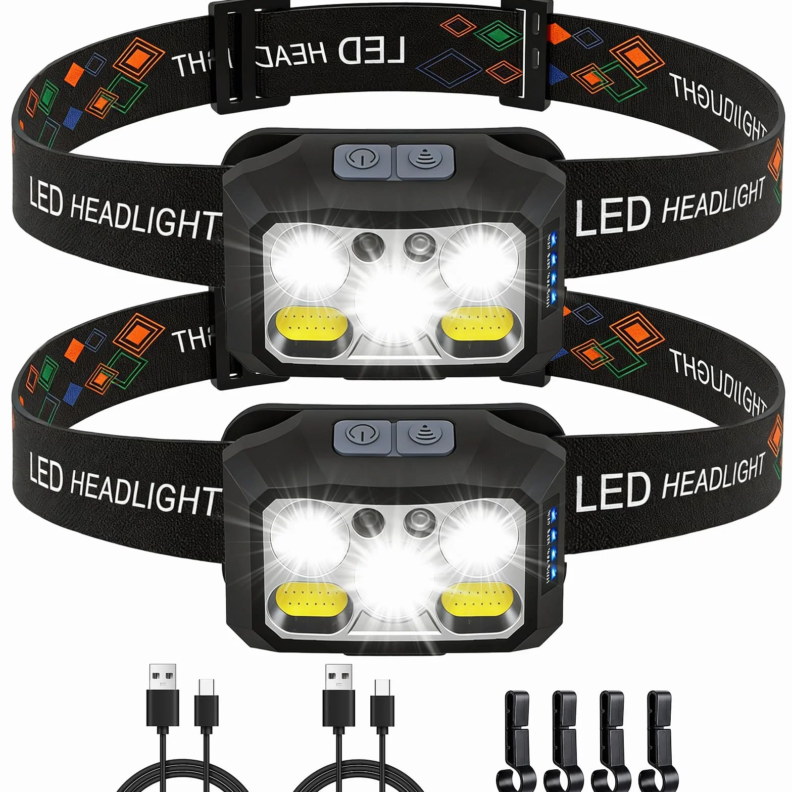 Torcia Frontale LED Ricaricabile USB 2000 Lumen 6 Modalità IPX6 Impermeabile per Pesca Campeggio Corsa 2 Pezzi