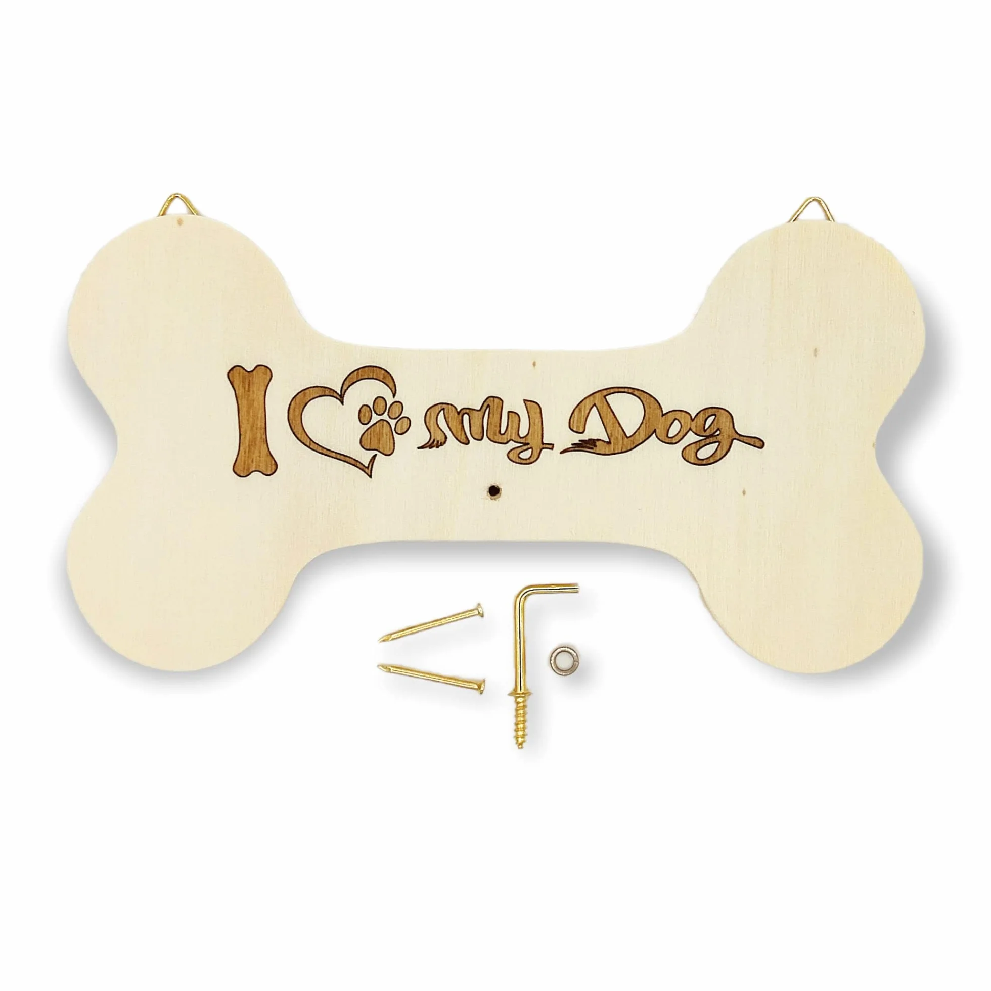 Porta guinzaglio per cani in legno a forma di osso con incisione laser NM Idee Regalo (1-I Love My Dog)