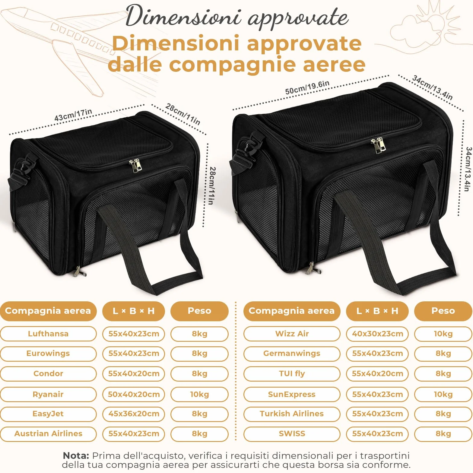 Trasportino per Gatti, 50x34x34cm Trasporto per Gatti e Animali fino a 8 kg, Trasportino per Animali Portatile Pieghevole, Trasportino per Viaggi Lunghi e Brevi (Nero)