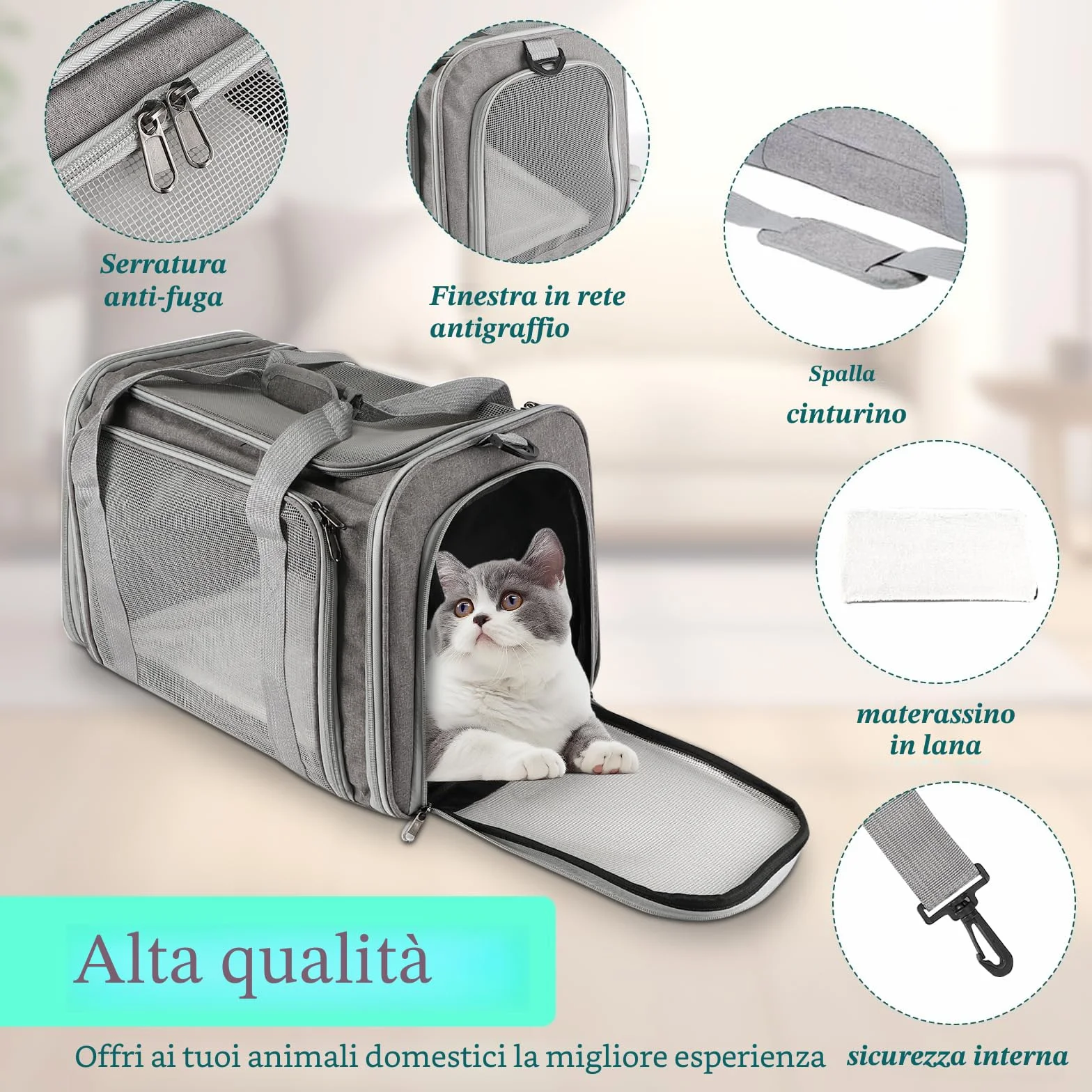 Borsa per il trasporto di gatti pieghevole traspirante 45x30x30 cm 7 kg grigio
