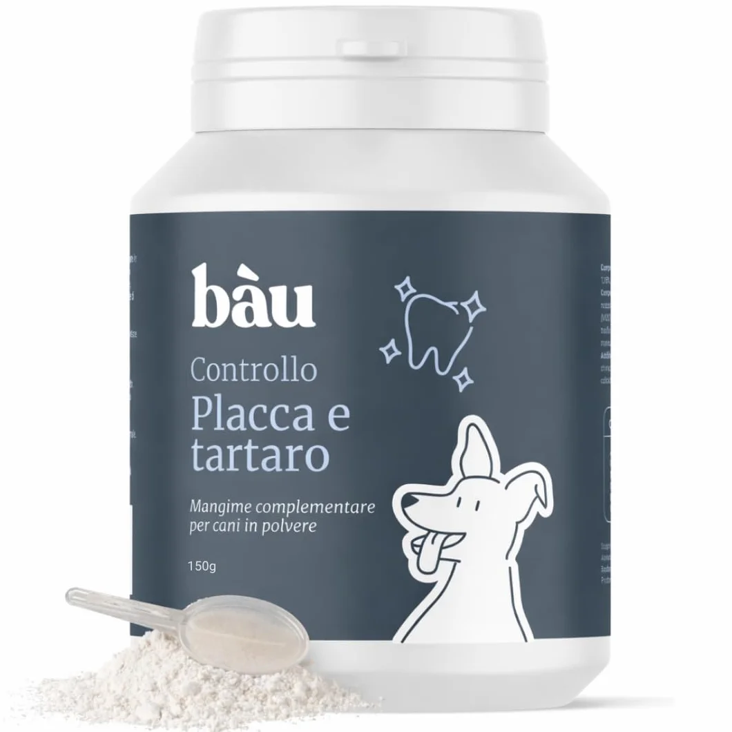 Bau Controllo Placca e Tartaro Cane in Polvere con Alga Ascophyllum Nodosum, Propoli e Menta, Mangime Complementare per Igiene Orale Senza Spazzolino, Alito Fresco e Gengive Sane del Cane
