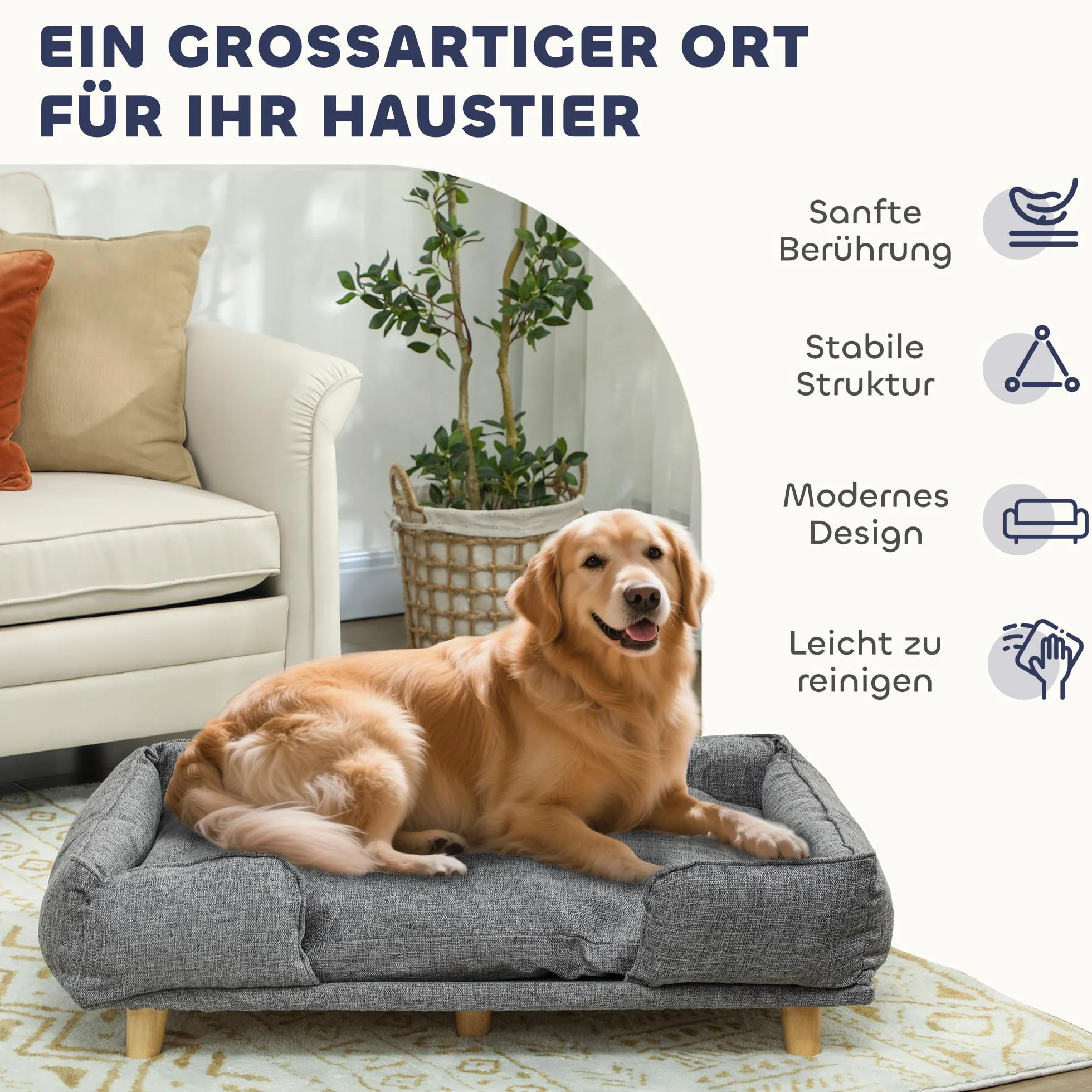 PawHut Divano per cani Poltrona per cani con schienale, gambe in legno Cuccia per cani con poliestere Divano per animali domestici Divano per gatti per cani di grossa taglia fino a 30 kg e 60 cm di