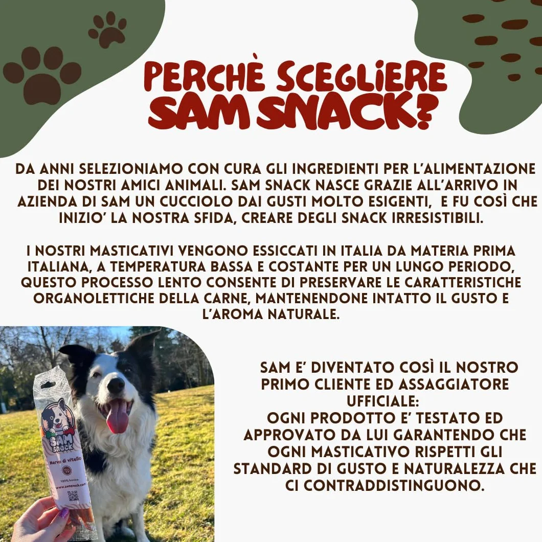 Sam Snack Nervo di vitello per cani 100% naturale 15 CM masticativi premium dieta BARF CANI TAGLIA EXTRA PICCOLA E PICCOLA (12 PZ)