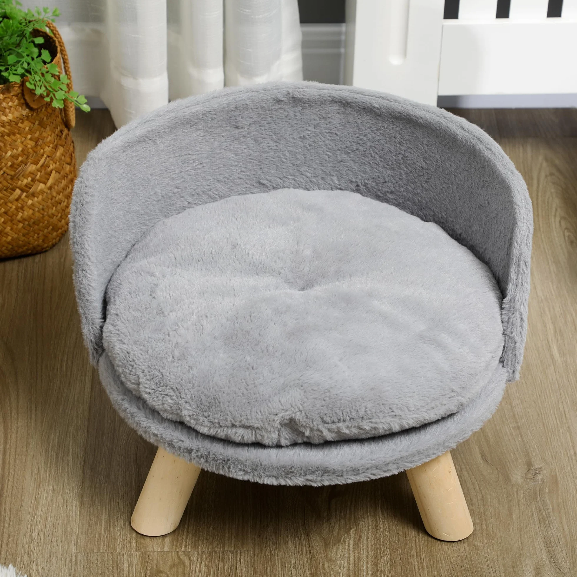 PawHut Lettino per Cani Taglia Media di 5 kg Massimo Rotondo, Divano per Cani in Tessuto di Peluche e Legno con Cuscino Extra Lavabile in Cotone PP, Ø40.5x33 cm, Grigio