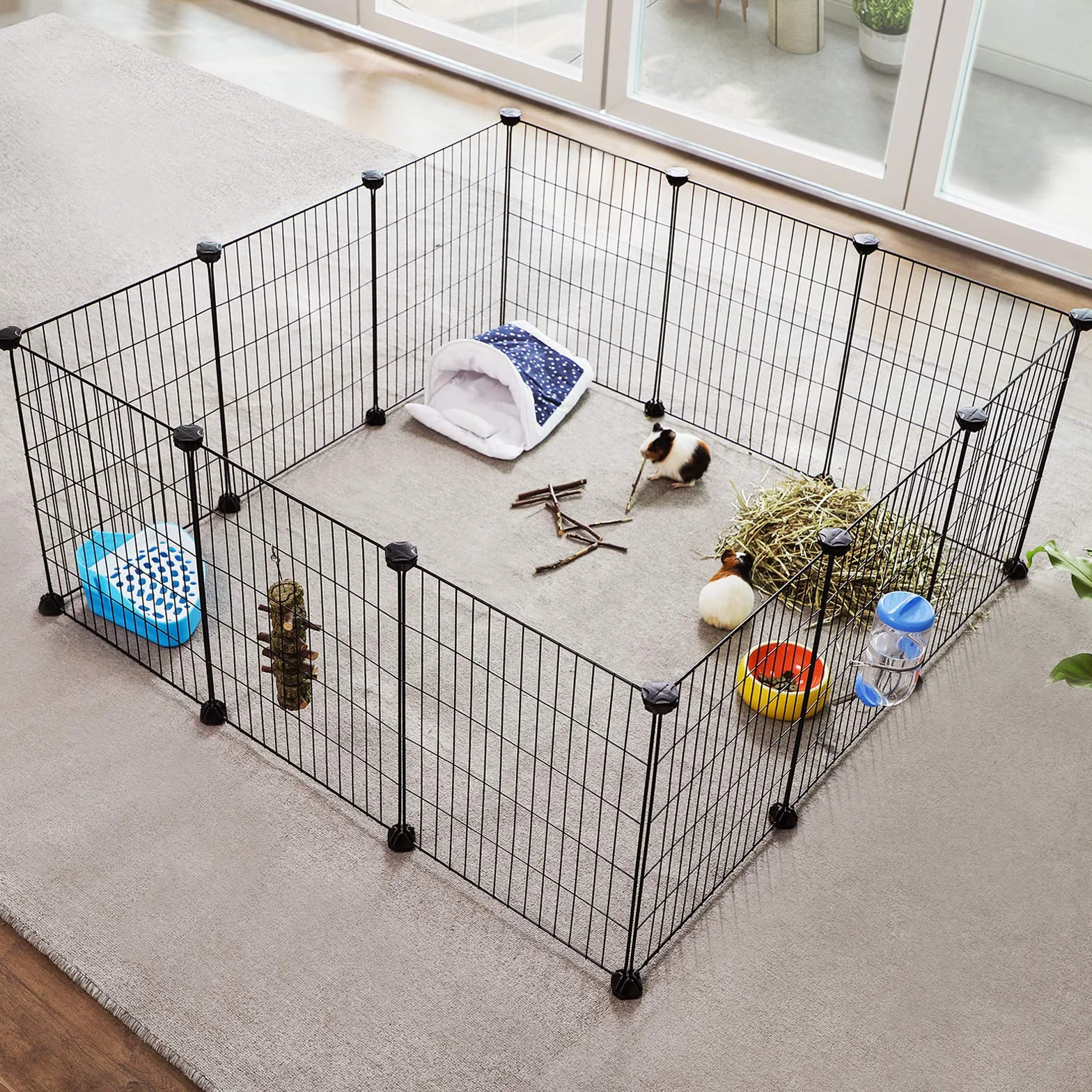 SONGMICS Recinto per Animali di Piccola Taglia, Recinzione Personalizzabile per Criceti, Conigli, Rete in Metello, Include Martelletto e Fascette, per Uso Interno, Nero LPI01H