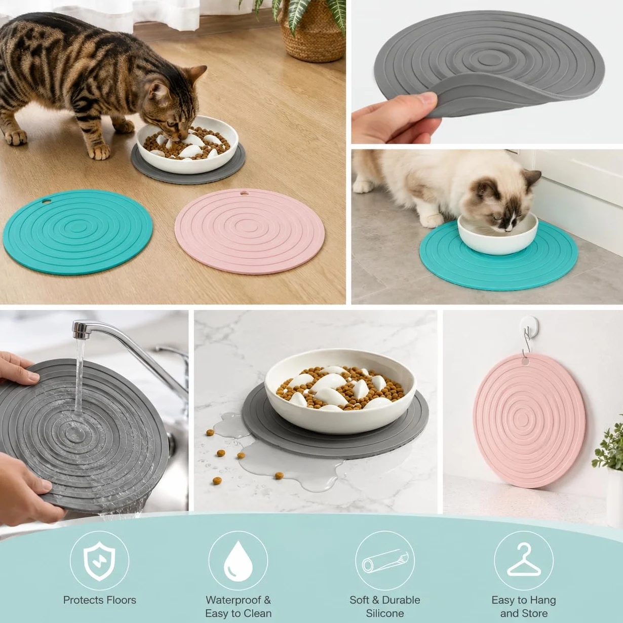 Tappetino Sottociotola per Cani e Gatti, Set 3 Pezzi in Silicone Antiscivolo Impermeabile, 2 x 16 cm e 1 x 18 cm, Base per Ciotole Cibo Acqua, Protezione Pavimento per Casa Viaggio e Campeggio