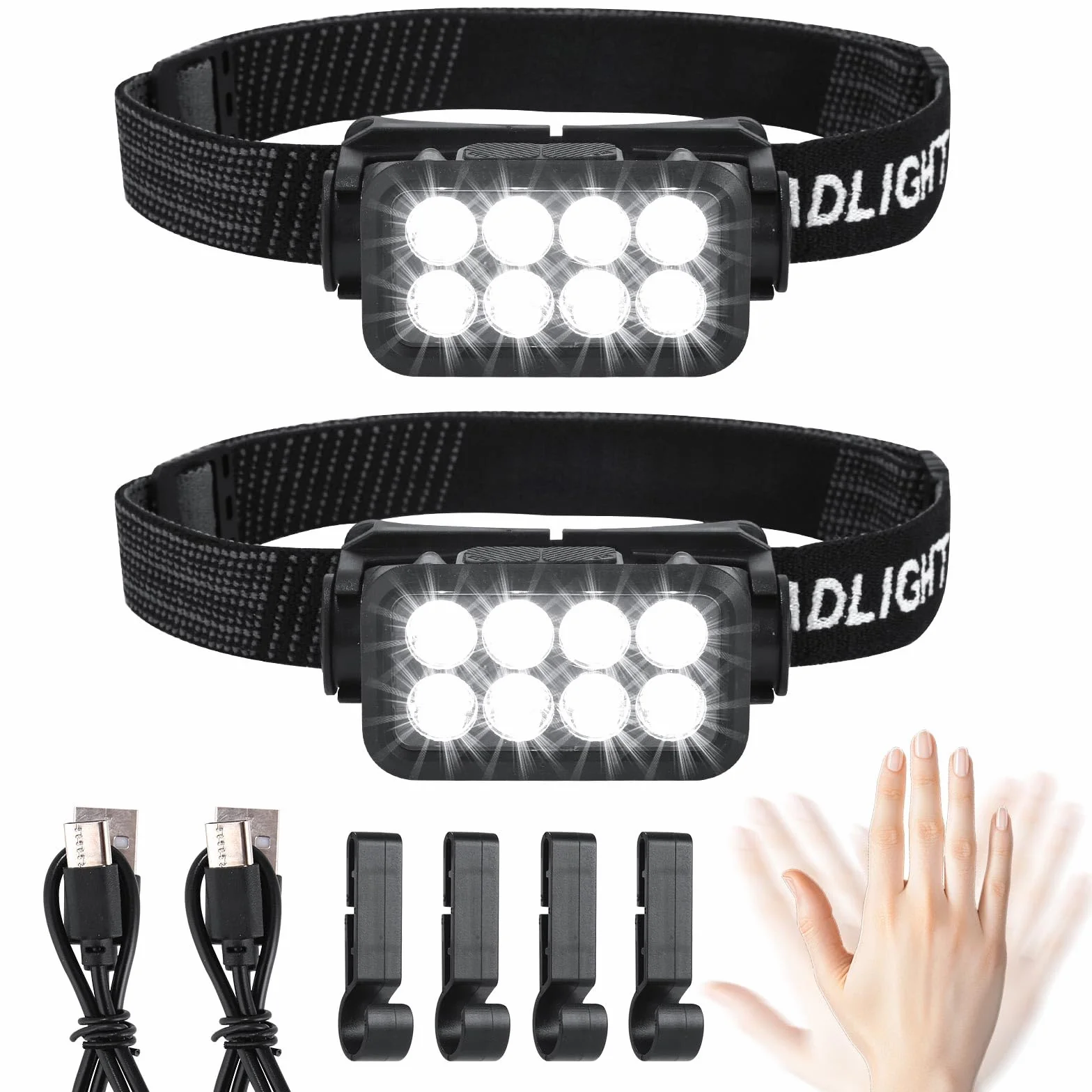Lampade Frontali LED Ricaricabili 2500 Lumen 5 Modalità IPX6 Impermeabili Sensore di Luce per Esterni Campeggio Corsa Pesca