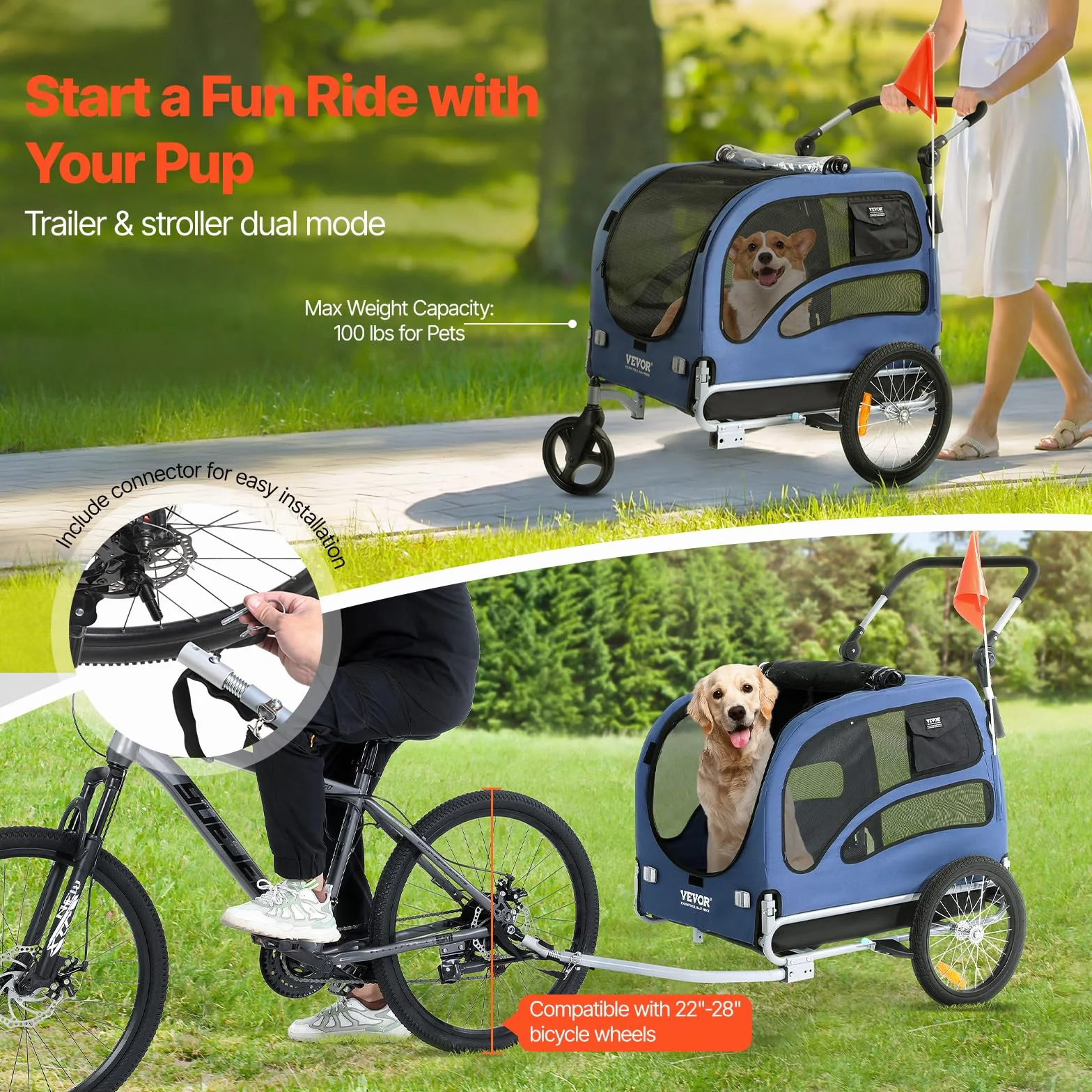 VEVOR Rimorchio Bici per Cani Pieghevole Portata max. 45kg Passeggino per Animali Domestici con Ruote a Sgancio Rapido, Attacco Universale, Carrello per Bici Traino Rimorchio per Animali Nero/Blu