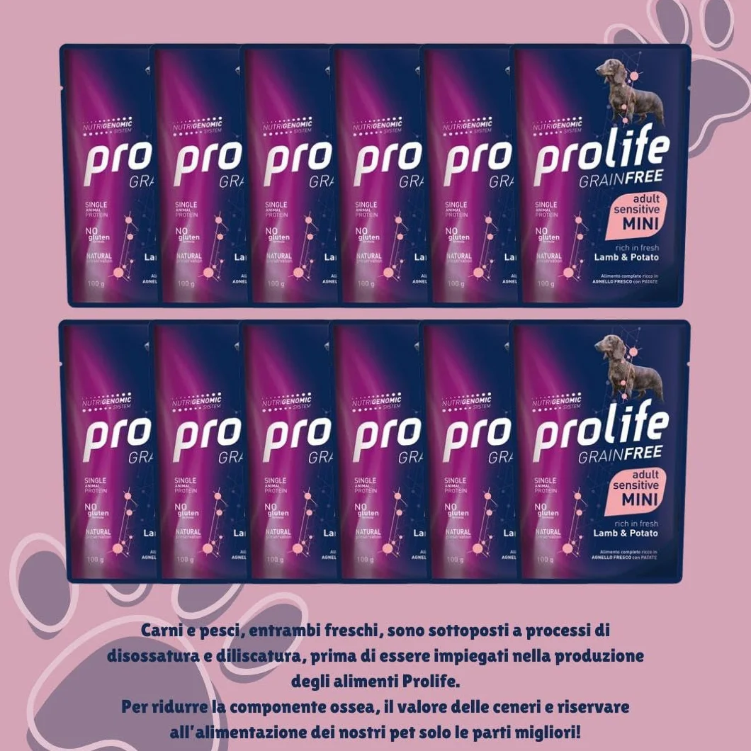 Prolife umido cane monoproteico sensitive grainfree (senza cereali) adult mini AGNELLO e PATATE | 12 bustine da 100 grammi l'una.