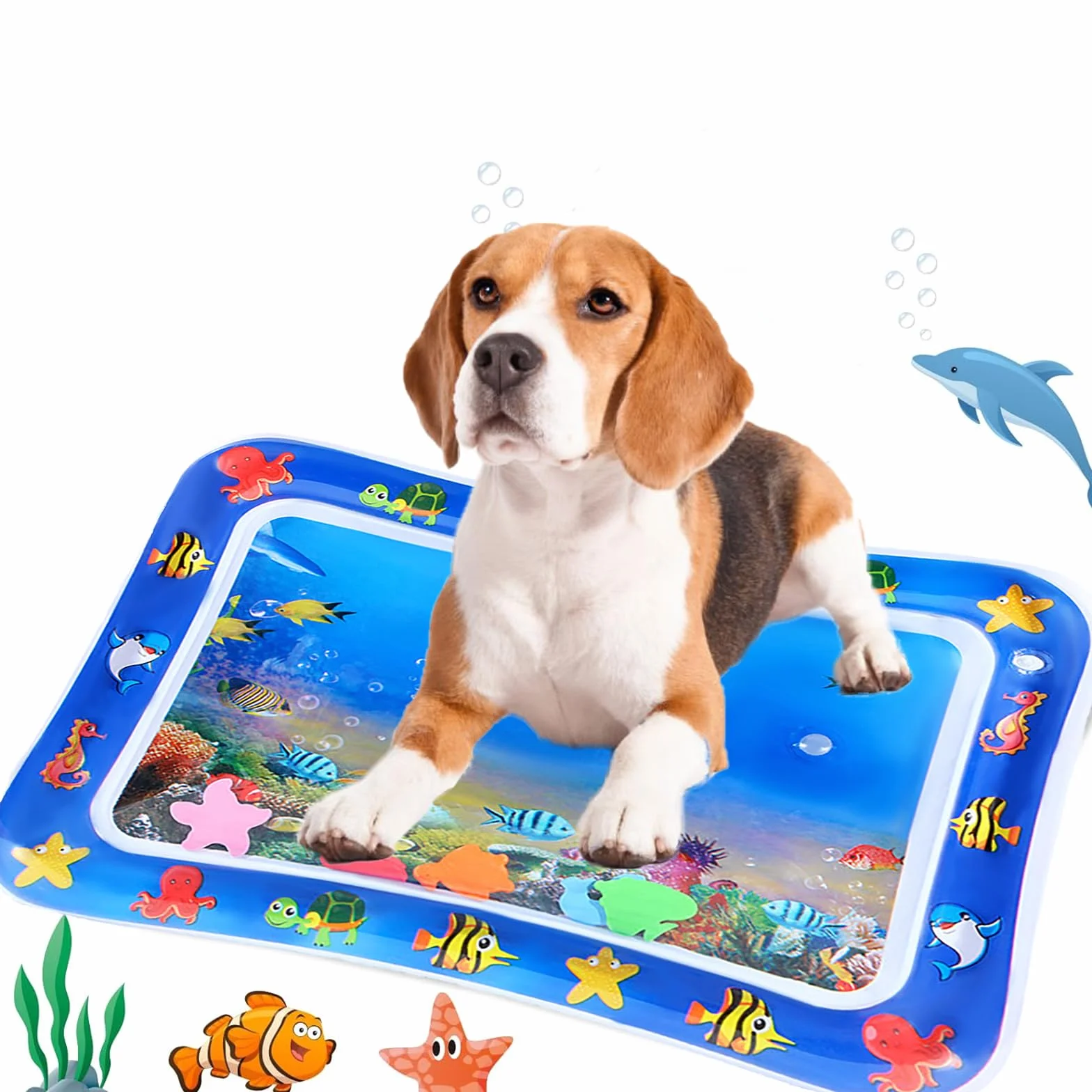 Vinuwu - Tappetino ad acqua per animali domestici, gonfiabile, per il gioco, spesso, adatto per gatti, effetto rinfrescante (motivo pesci)