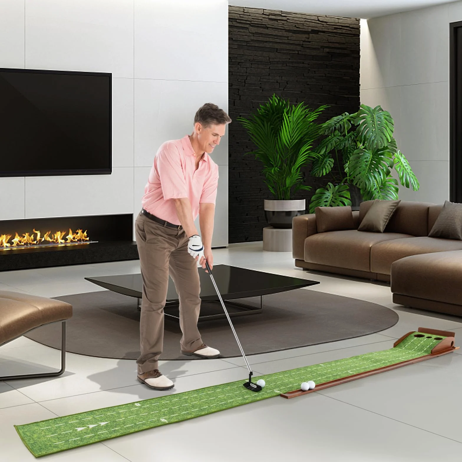 LIFEZEAL Tappetino Golf Allenamento con Buche per Interni, Tappeto Portatile con Ritorno Automatico, Base per Golf, Pad con 3 Panlline per Golf, Tappetino di Appoggio per Esterni (3 buche)