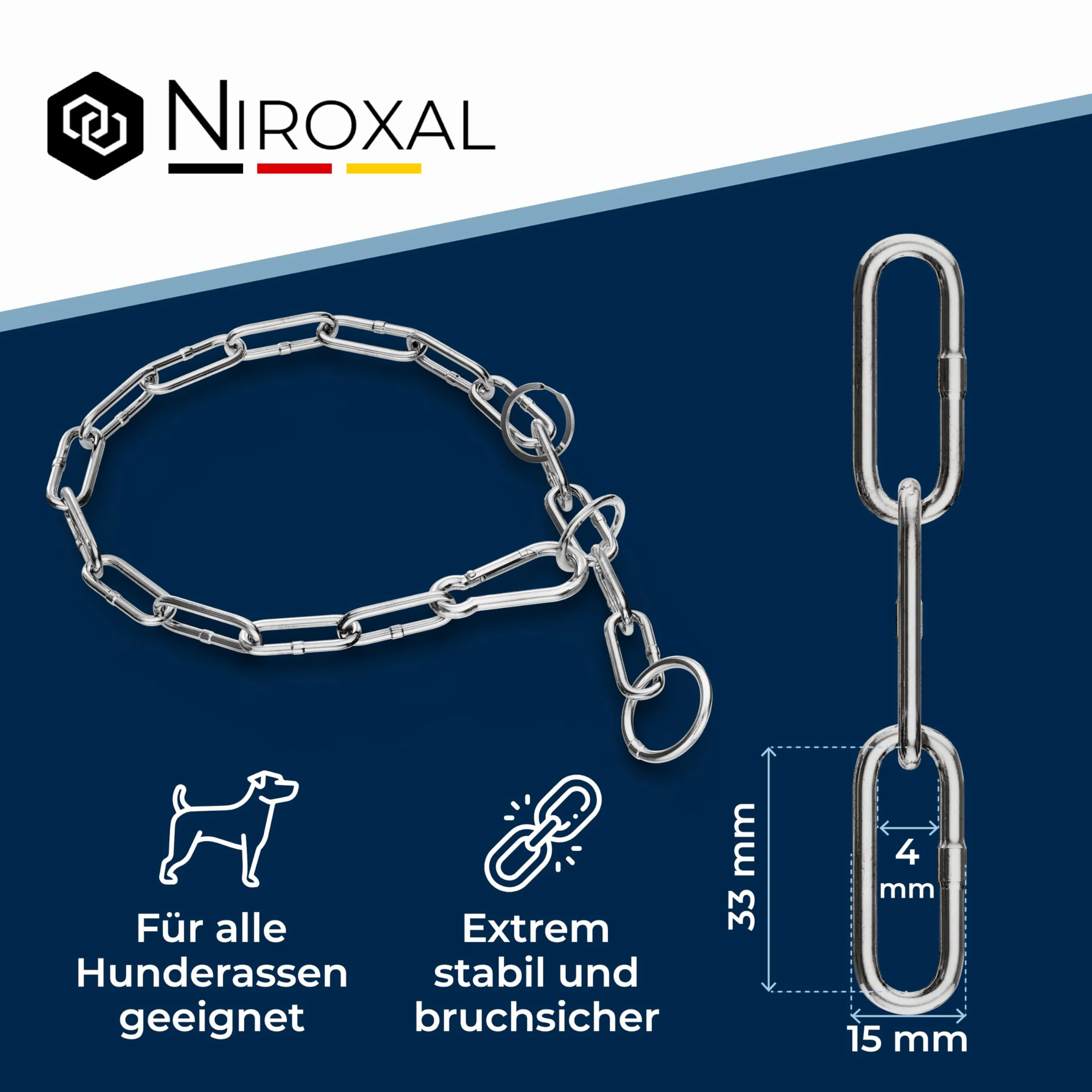 Collare cane acciaio inox A4 V4A Ø6 mm – lunghezza totale 74 cm – con moschettone – maglia lunga per scorrimento fluido – per circonferenza collo 62–66 cm