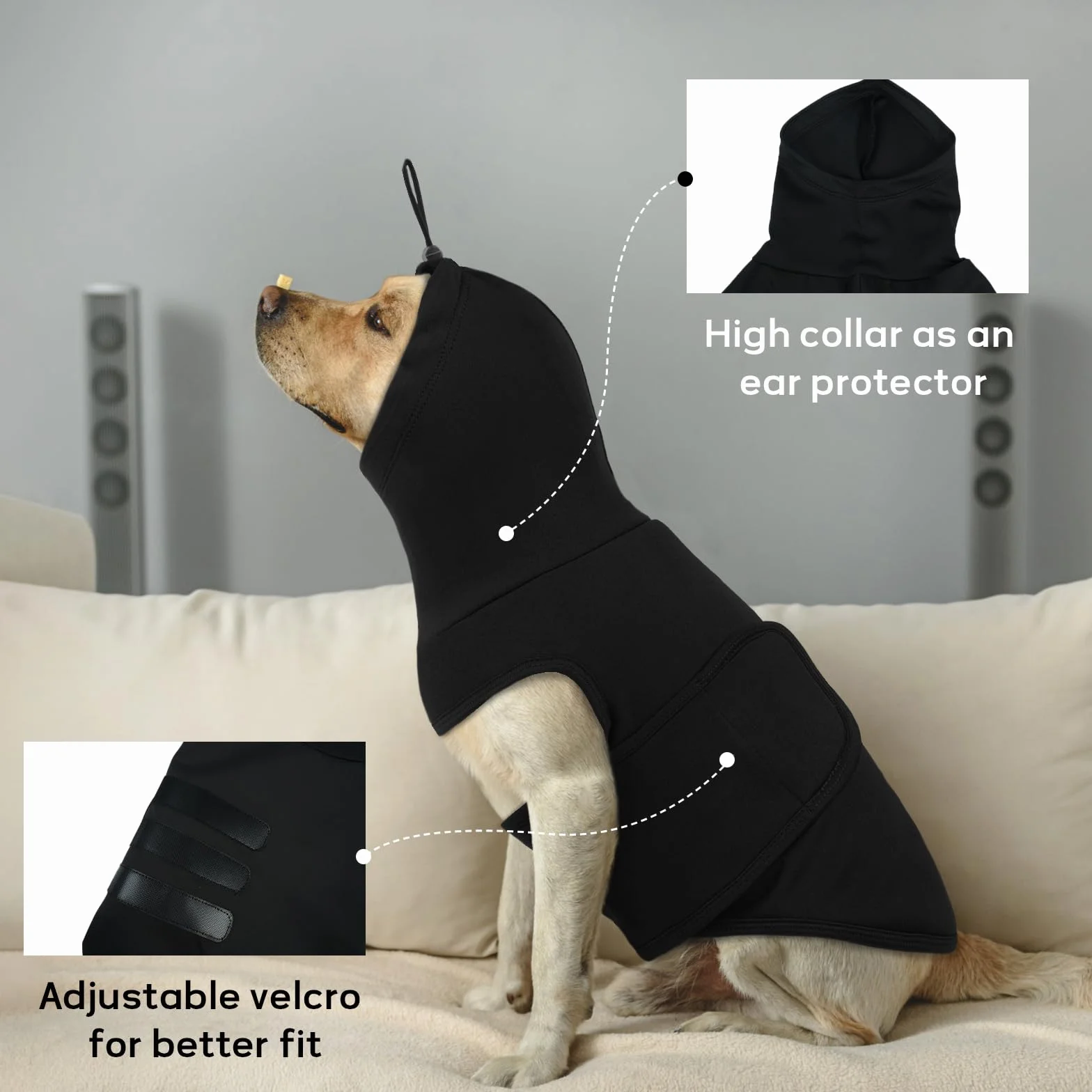 Giacca Antistress Calmante per Cani con Copri Orecchie, Nero XS