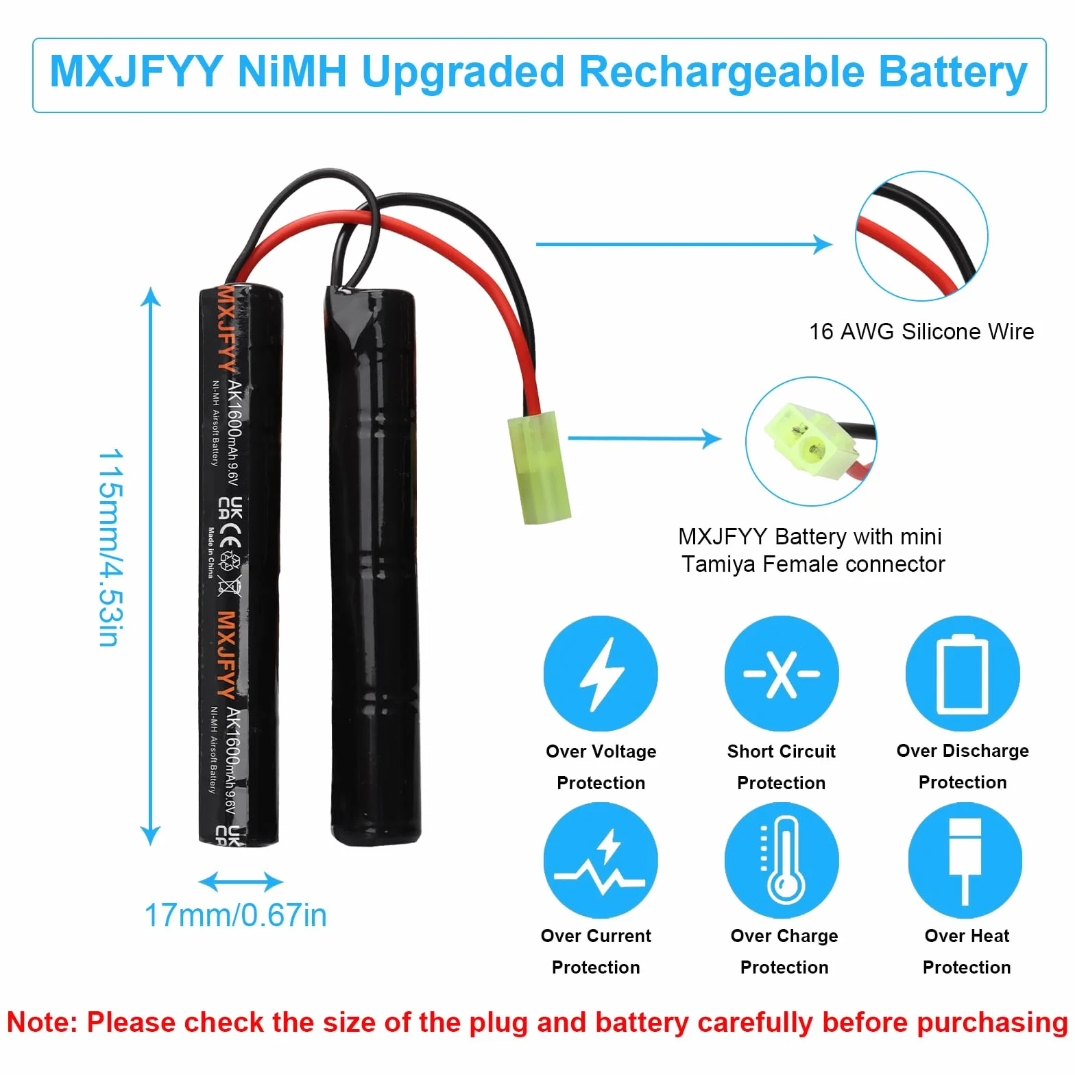 Confezione da 2 batterie 9,6 V 1600 mAh NiMH Airsoft, batteria ricaricabile 8S Butterfly NunChuck per Airsoft MP5 M4 G36C M110 SR25 M249 M240B M14