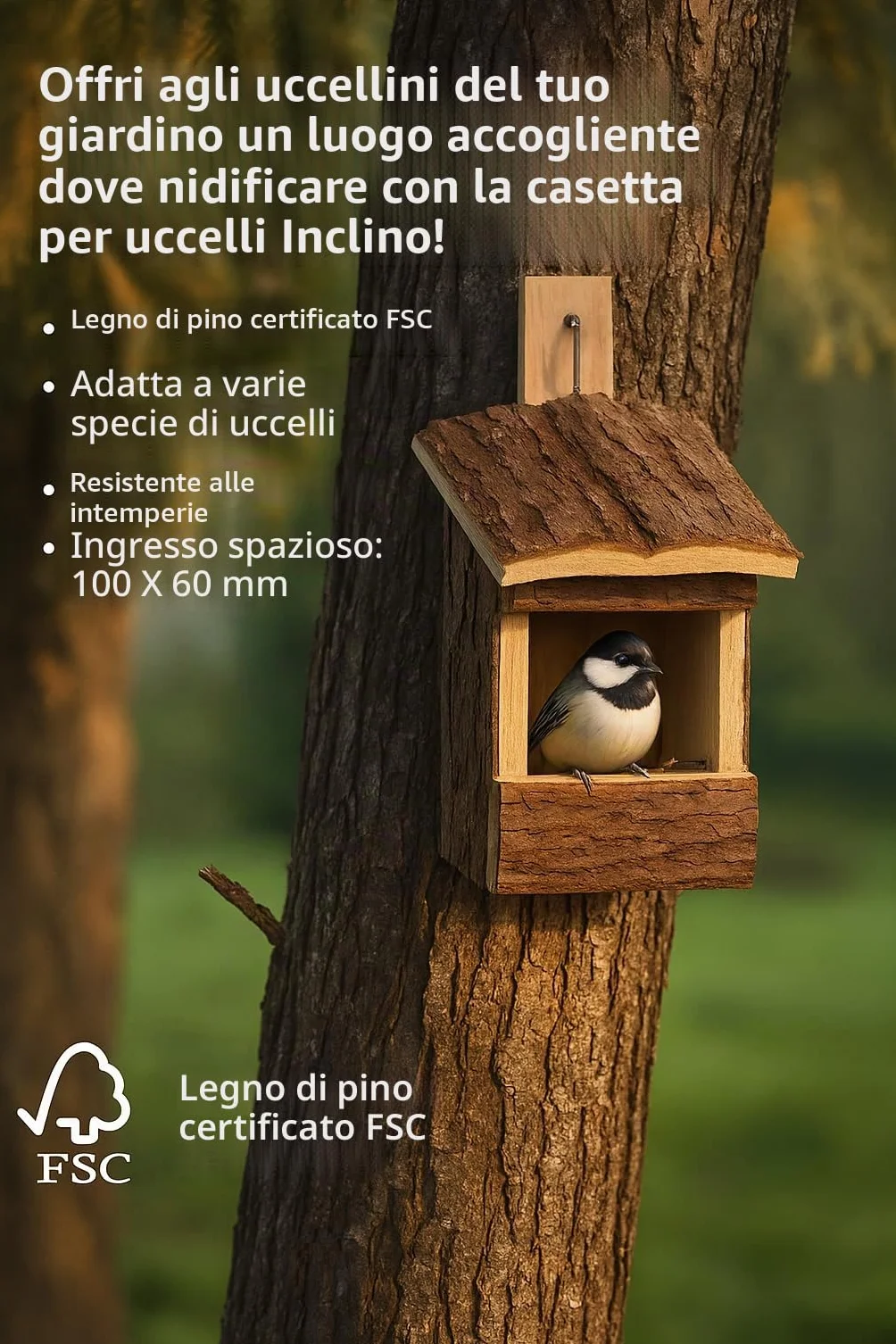 Flamingo Cortesa Inclino Cassetta nido per uccelli in legno di pino FSC 14x13x20cm resistente alle intemperie