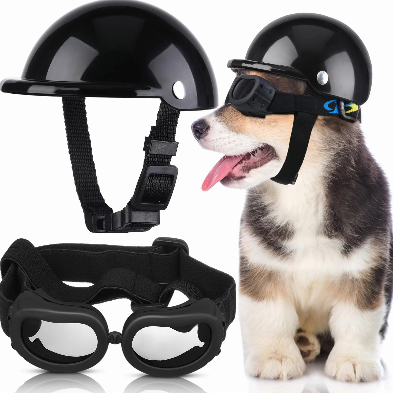 Frienda Dog Helmet and Goggles, UV Protection Doggy Sunglasses and 4 Inch Padded Puppy Motorcycle Helmet Adorable Dog Goggles with Adjustable Belt for Small Dogs Puppy Riding(Black,S)