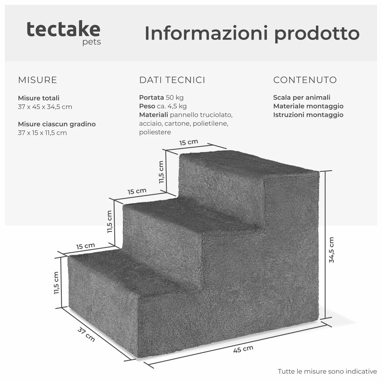 tectake Scala per Animali Domestici 3 Gradini 34,5 cm Antiscivolo Grigio