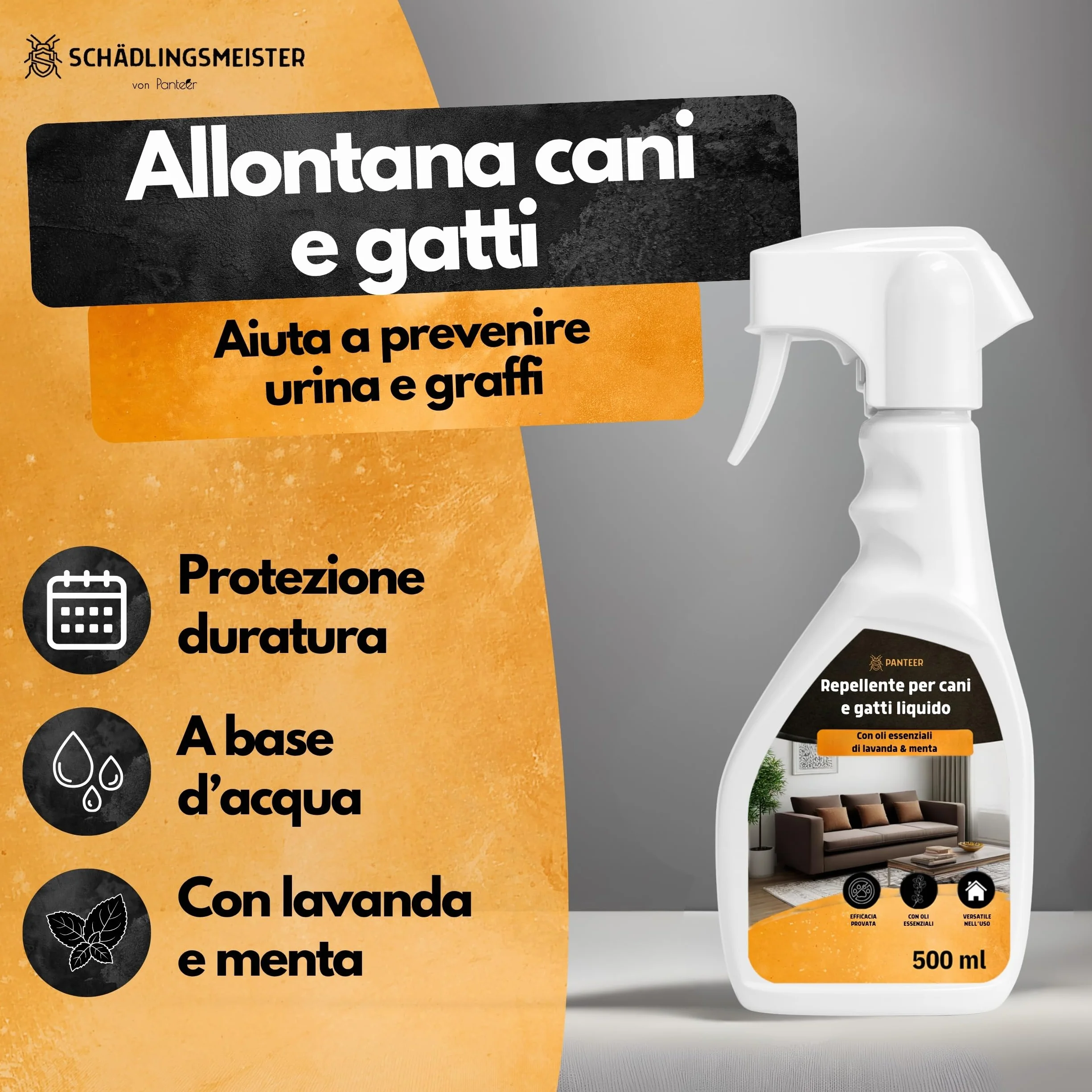 Panteer Spray Barriera Protezione Superfici – 500 ml – Protezione Contro urina e Graffi – per divani, mobili e tappeti – Uso Interno ed Esterno