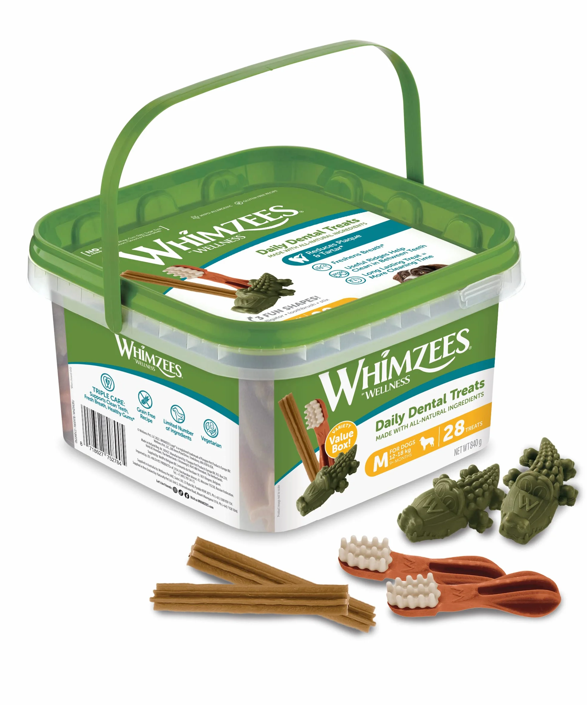 WHIMZEES Box Varietà M, 28 Pezzi – Taglia M, Snack per Cani di Taglia Media, Naturali & Senza Cereali, Vegetariane, Senza Zuccheri Aggiunti