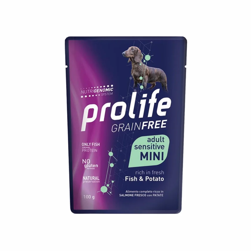 Prolife umido per cani monoproteico sensitive grainfree adult mini PESCE e PATATE 100g |12 bustine da 100g l'una.