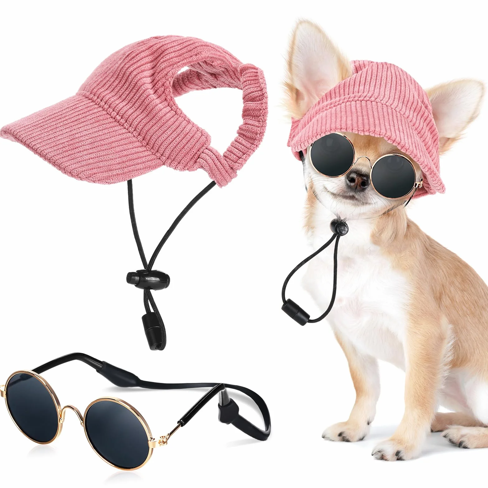 Jadive Cappello da Baseball per Cani con Fori per le Orecchie Occhiali da Sole per Gatti Cani con Silicone Antiscivolo Cappello Parasole Regolabile per Cuccioli(Rosa,Piccolo)