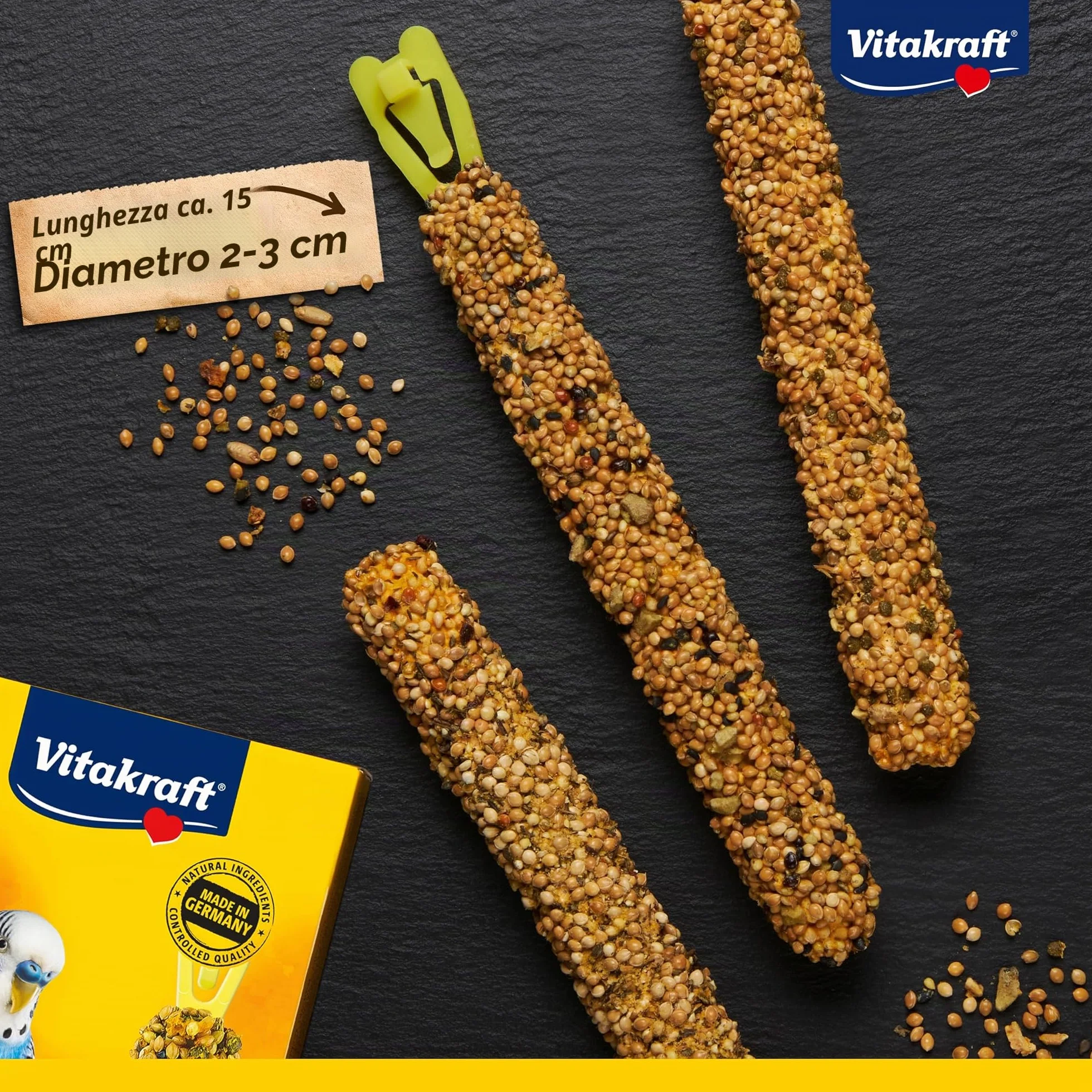 Vitakraft Kräcker Mix snack uccelli per pappagallini ondulati bastoncini da masticare con erbe aromatiche e peperone kiwi limone banana sesamo senza zuccheri aggiunti 90g