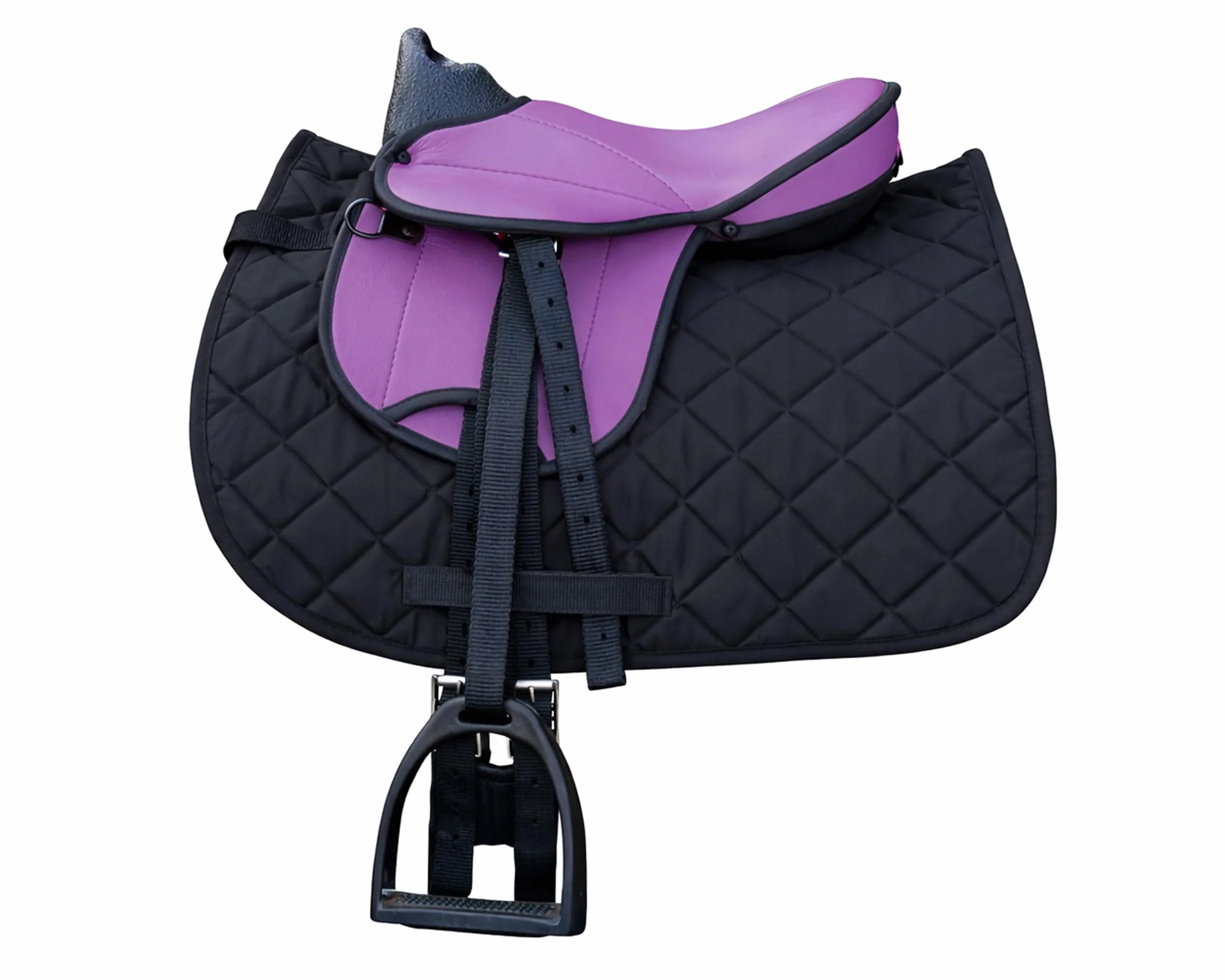 Brama West Set di sella per cavalli in legno "My Happy Pony" | Sella per Shetty Pony cavallo in legno | con copertura sella, cinghia per sella, staffe e staffe | Sella viola/coperta nera