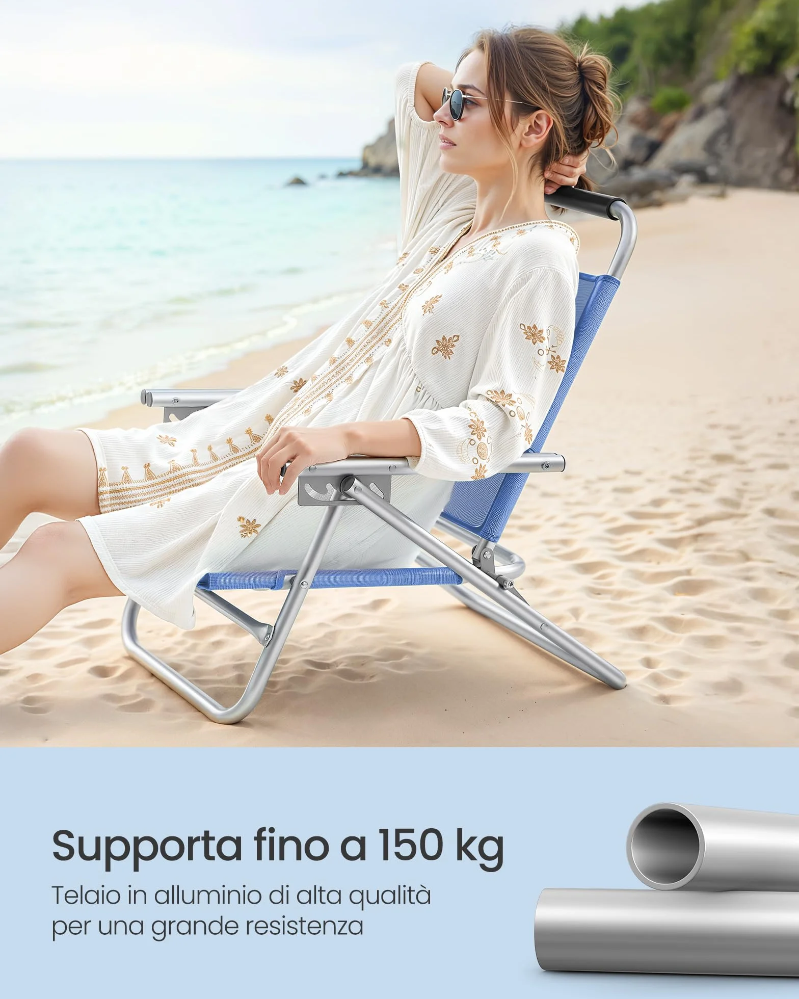 SONGMICS Sedia da Spiaggia Pieghevole Portatile Schienale Regolabile 4 Angoli Braccioli Traspirante Blu GCB65BU