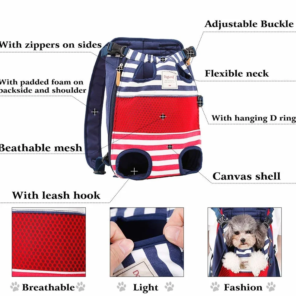 Tineer Zaino per Animali Domestici,Regolabile Dog Front Legs out Carrier Backpack Il Sacchetto di Mano Libero Viaggi,Easy-Fit per 5-12KG Piccole Medie Gatti Cani attività all'aperto (Stripe)