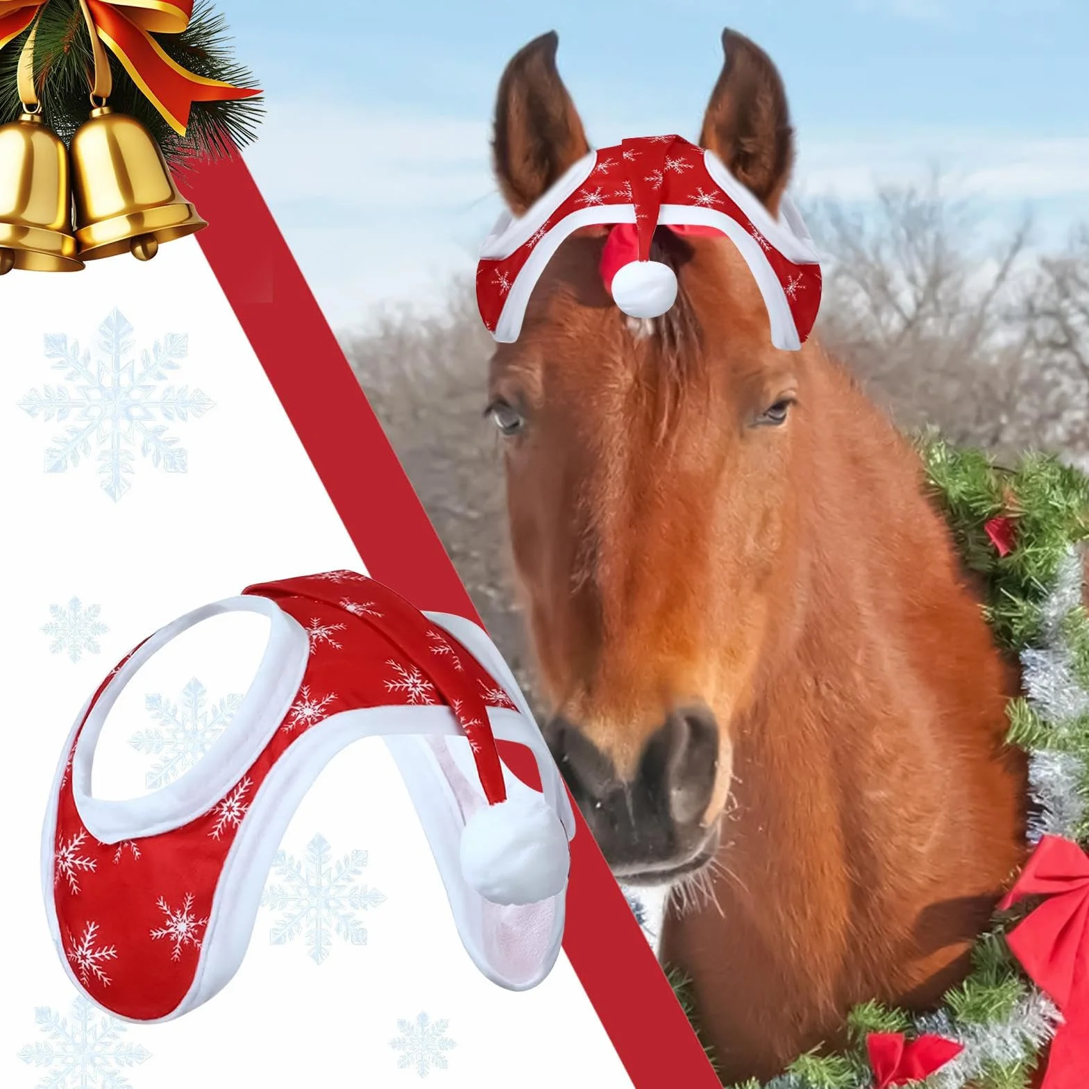Cappello di Natale per cavallo Babbo Natale copertura testa fiocco neve costume equitazione invernale