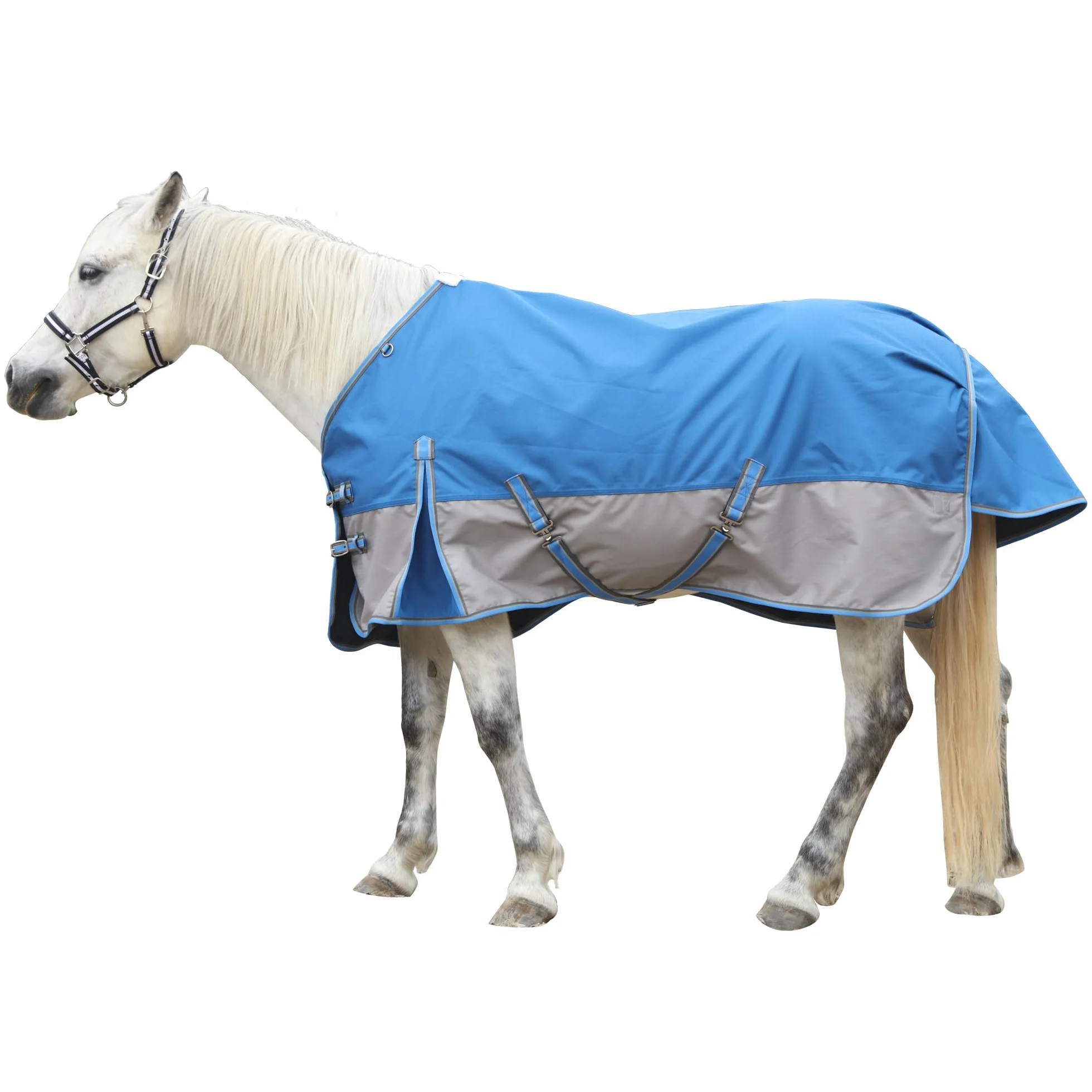 1200D Coperta per cavalli resistente allo strappo senza imbottitura (0g), Coperta da esterno leggera, impermeabile e traspirante per cavalli, Blu-Grigio 145 cm