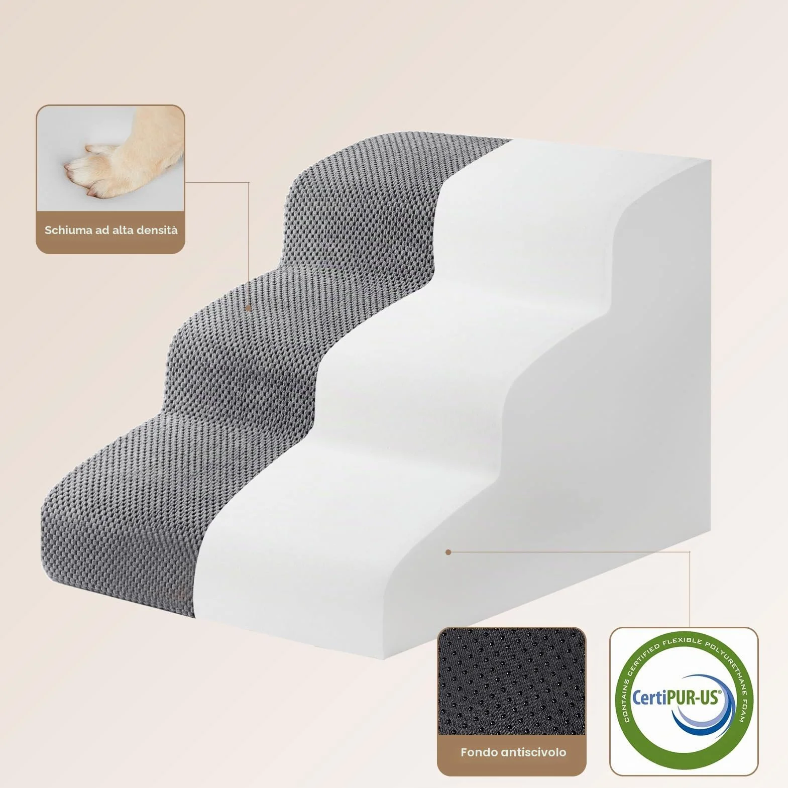 EHEYCIGA Scaletta per Cani 3 Gradini 40 cm, Scala Antiscivolo per Letto e Divano, Rivestimento Rimovibile e Lavabile, Grigio