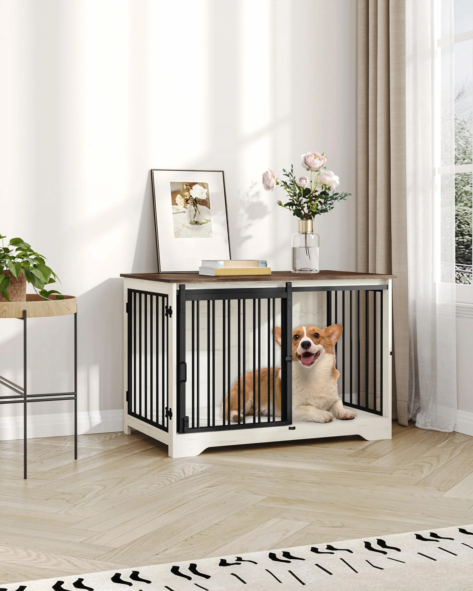 Hzuaneri 100cm Gabbia per Cani, Nicchia Moderna, 2 porte, 60 x 100 x 68 cm, Bianco e Marrone