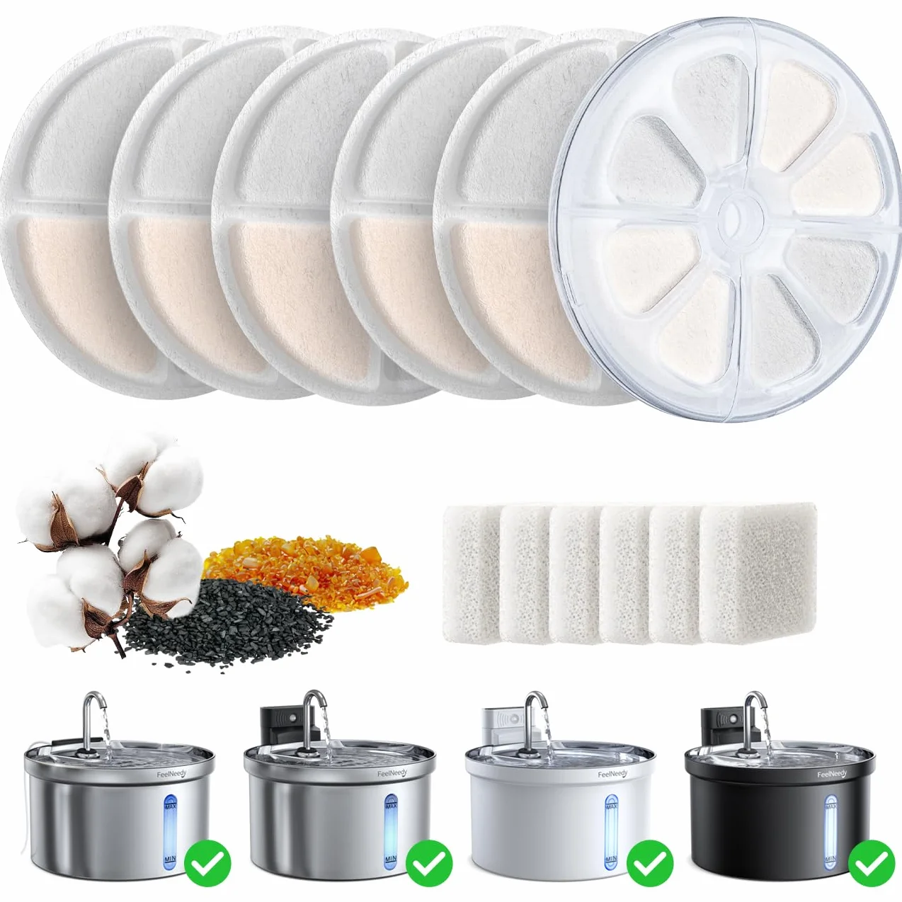 FEELNEEDY 6 Pezzi Filtri+1 ABS Guscio+6 Pezzi Spugne a Pompa d'Acqua per Fontanella per gatti 3,5L(FN-W08L/W08)