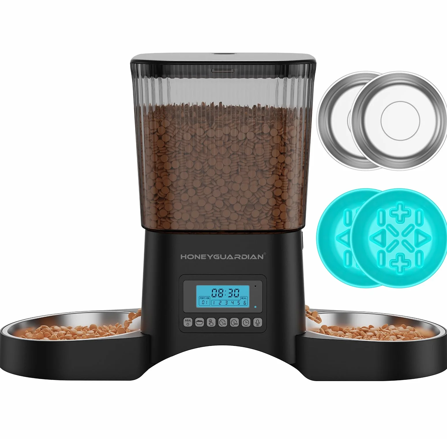 HoneyGuaridan Distributore Automatico Cibo Gatti, 3.5L Dispenser Crocchette Gatto con 4 ciotole, Programmable Porzione(6 Pasti/Giorno), Avviso vocale per i pasti, piedini antiscivolo
